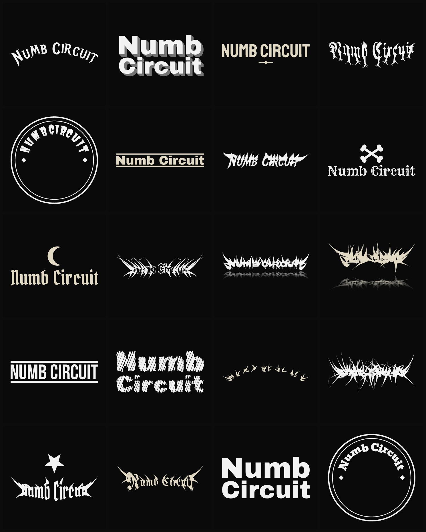 Twenty Numb Circuit band logo ideas — different faces, treatments and spike settings