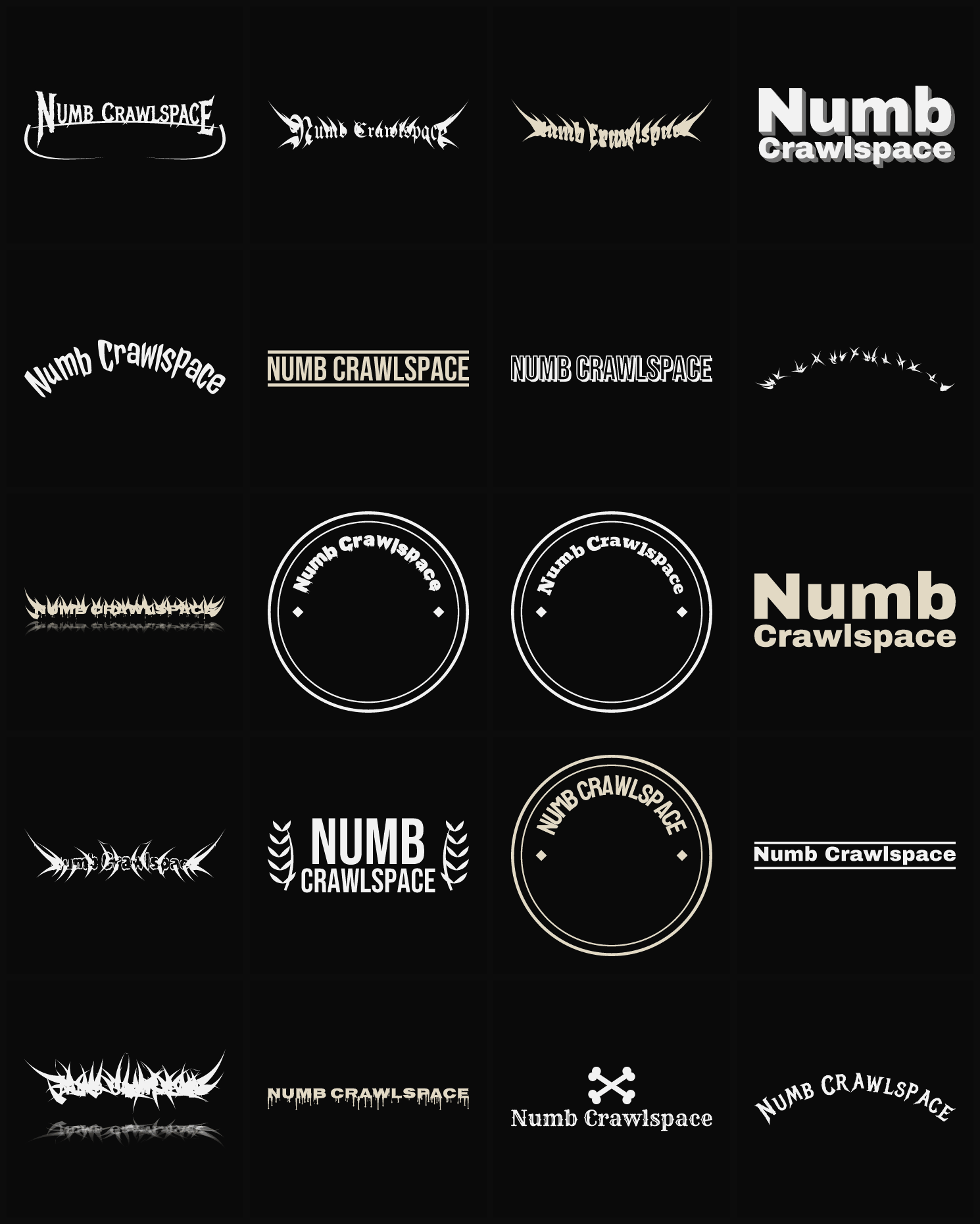 Twenty Numb Crawlspace band logo ideas — different faces, treatments and spike settings