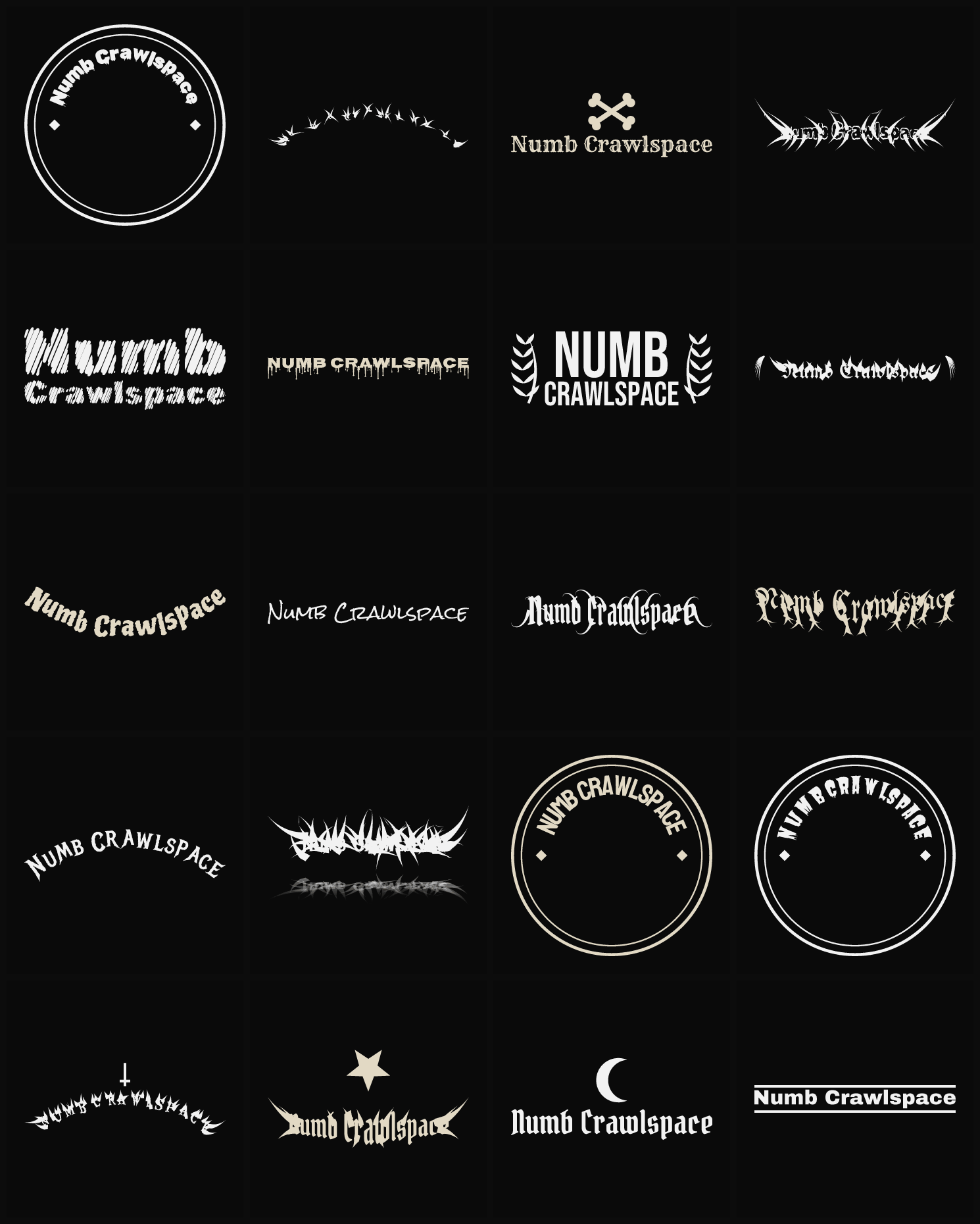 Twenty Numb Crawlspace band logo ideas — different faces, treatments and spike settings
