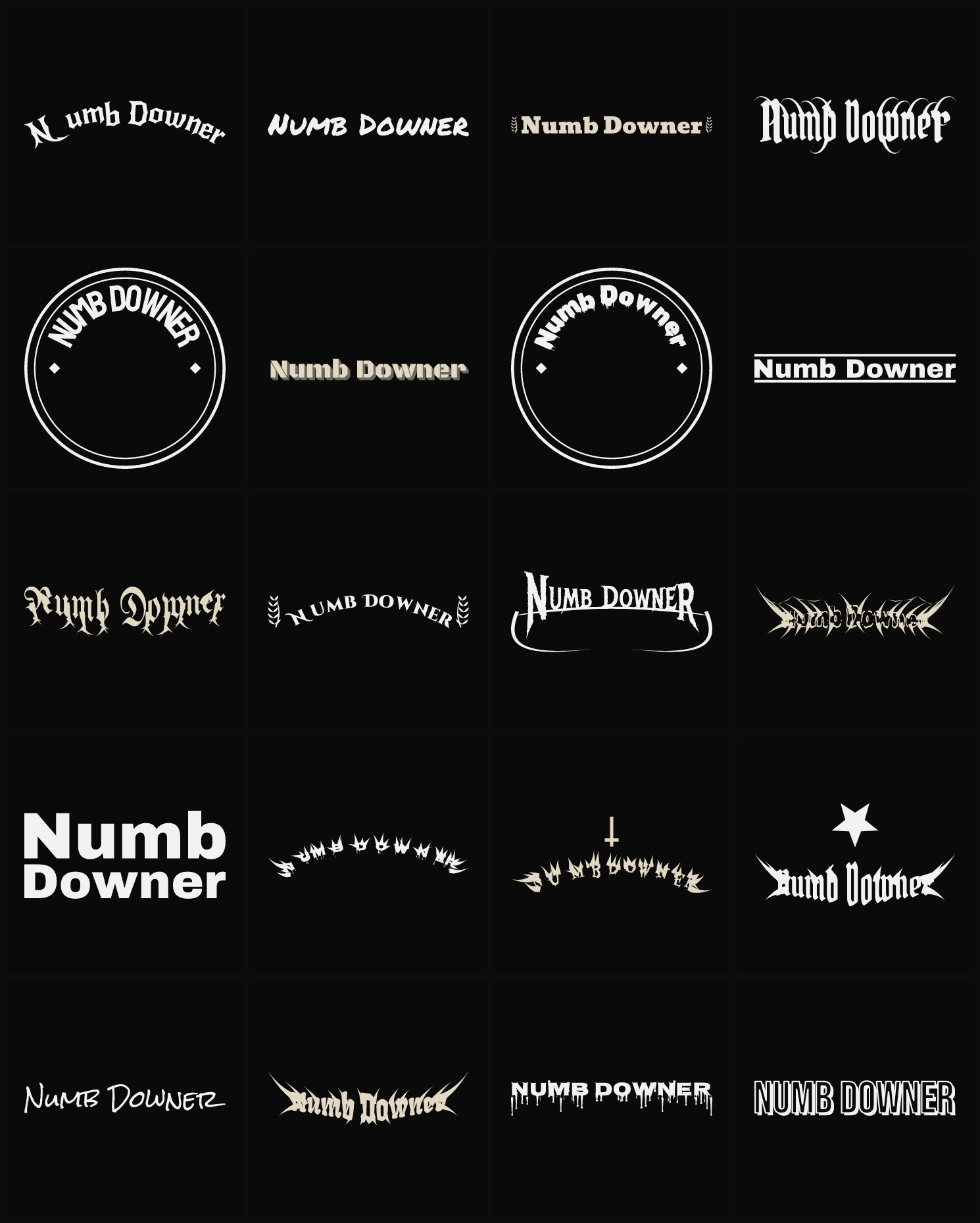 Twenty Numb Downer band logo ideas — different faces, treatments and spike settings