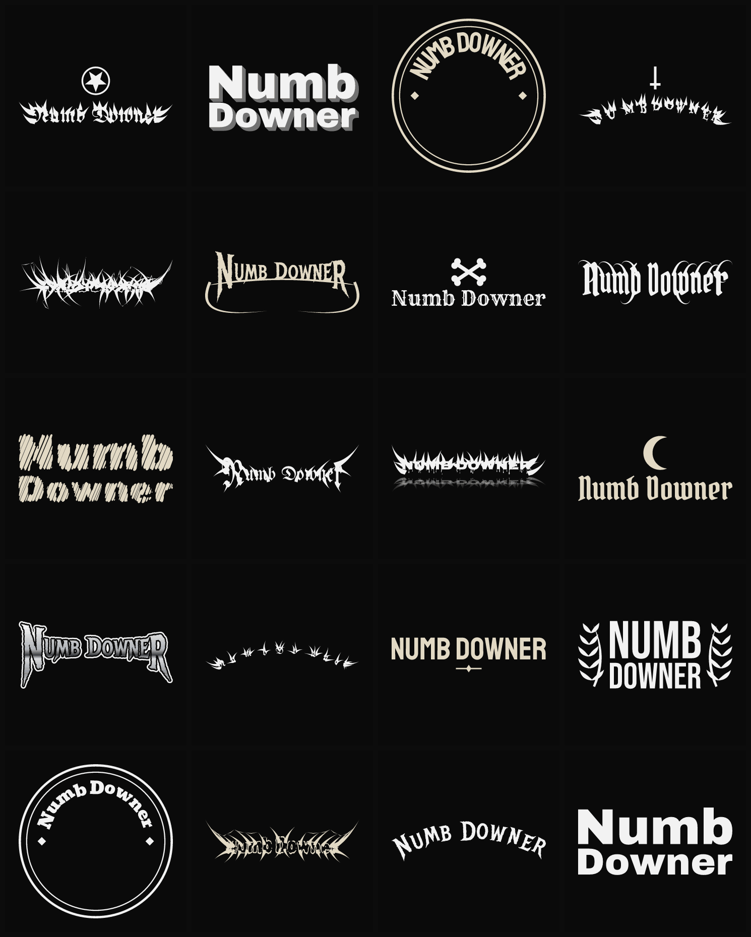 Twenty Numb Downer band logo ideas — different faces, treatments and spike settings