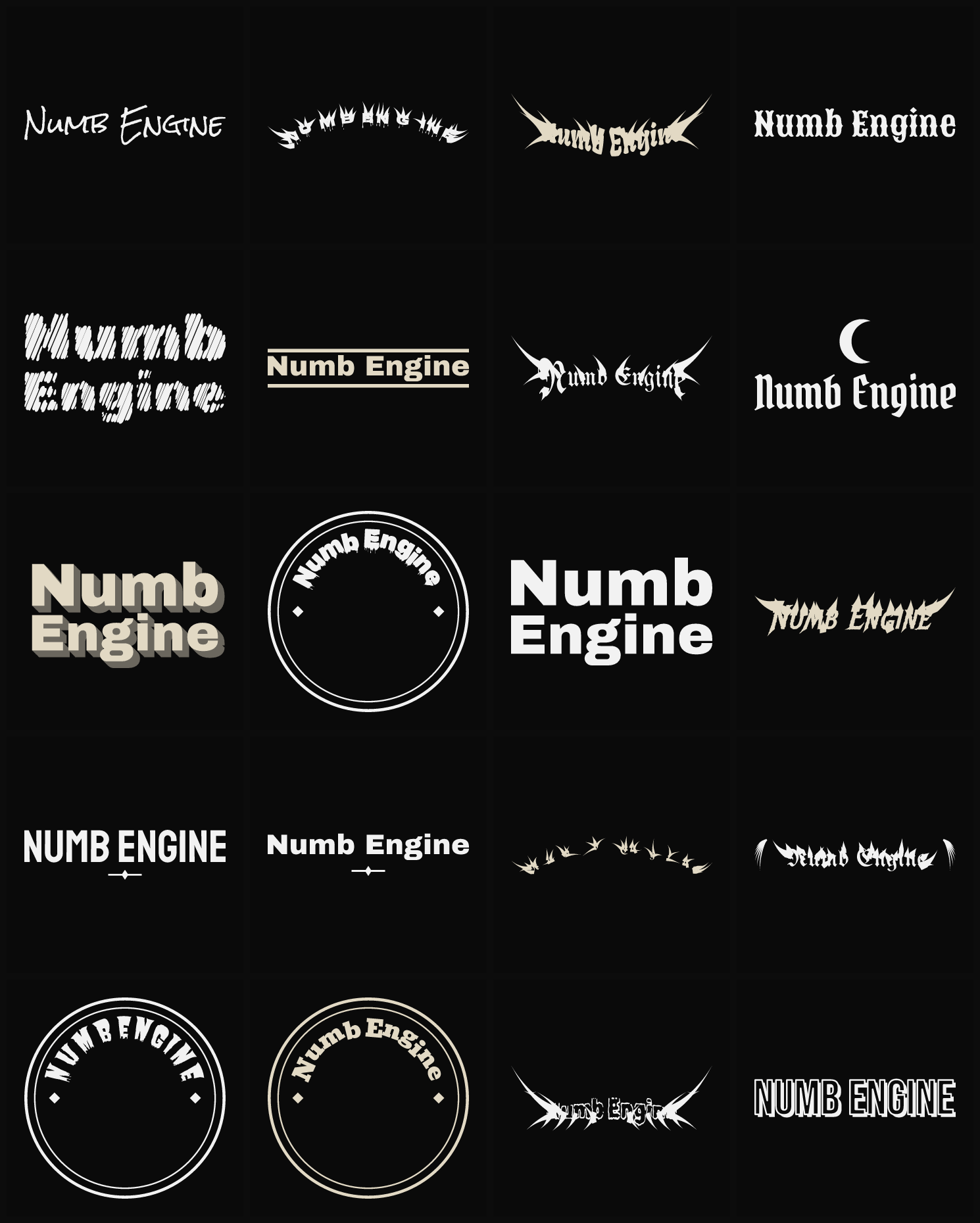 Twenty Numb Engine band logo ideas — different faces, treatments and spike settings