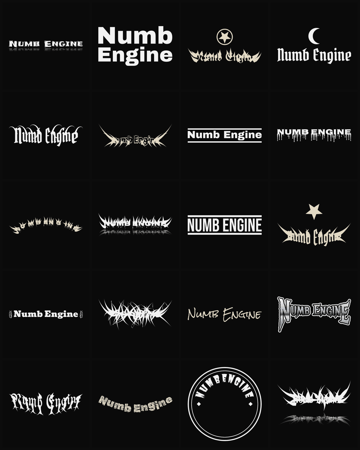 Twenty Numb Engine band logo ideas — different faces, treatments and spike settings