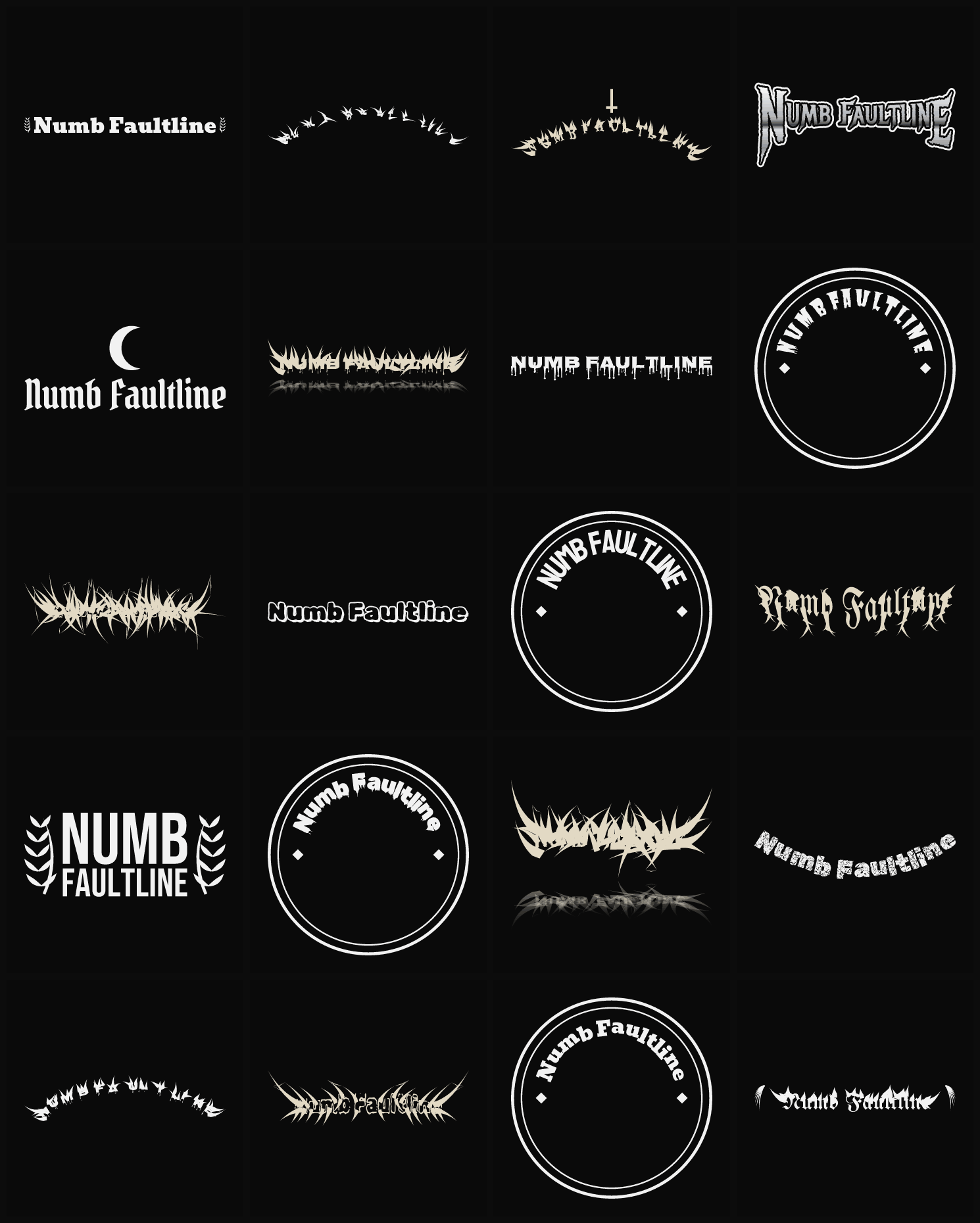 Twenty Numb Faultline band logo ideas — different faces, treatments and spike settings