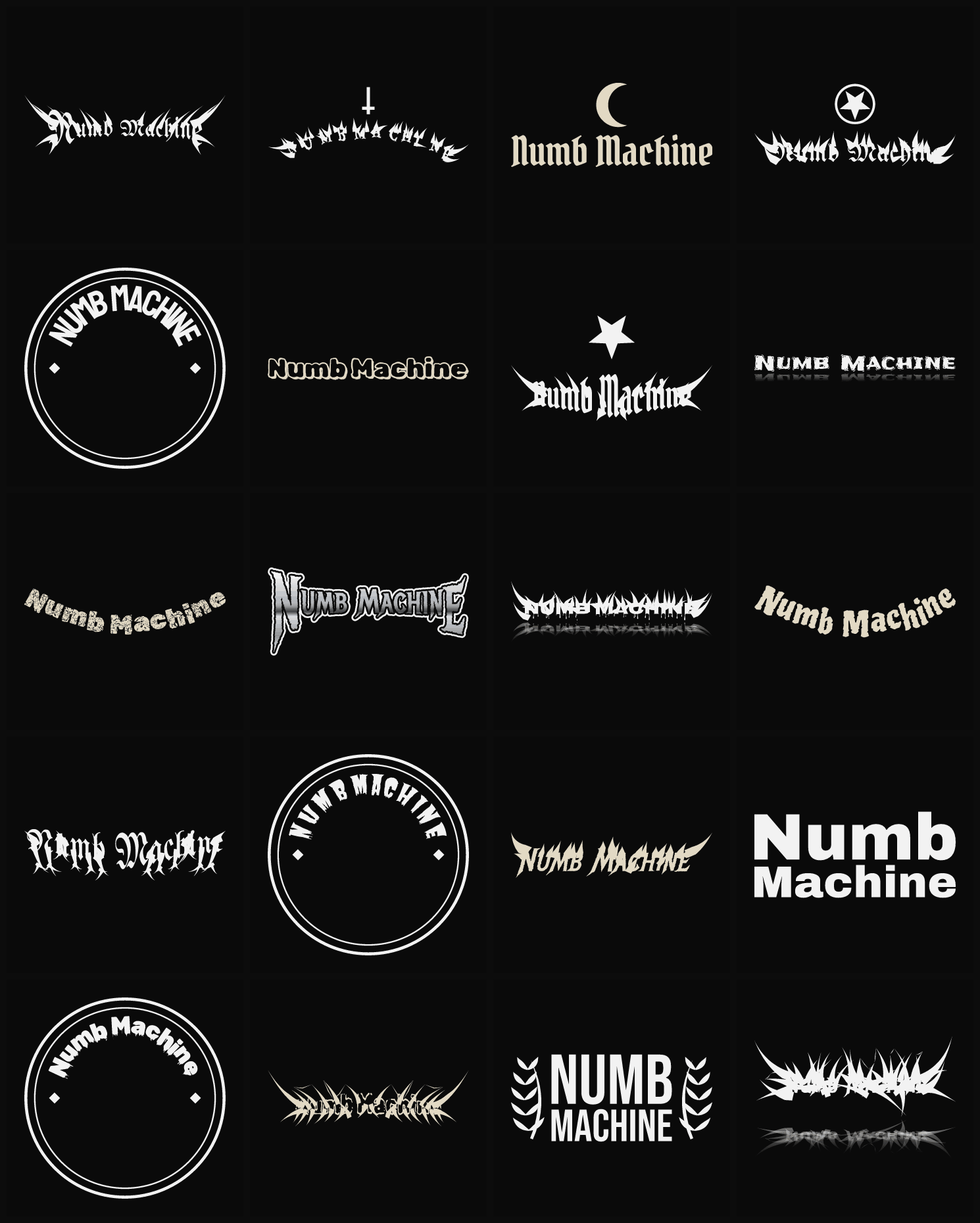 Twenty Numb Machine band logo ideas — different faces, treatments and spike settings