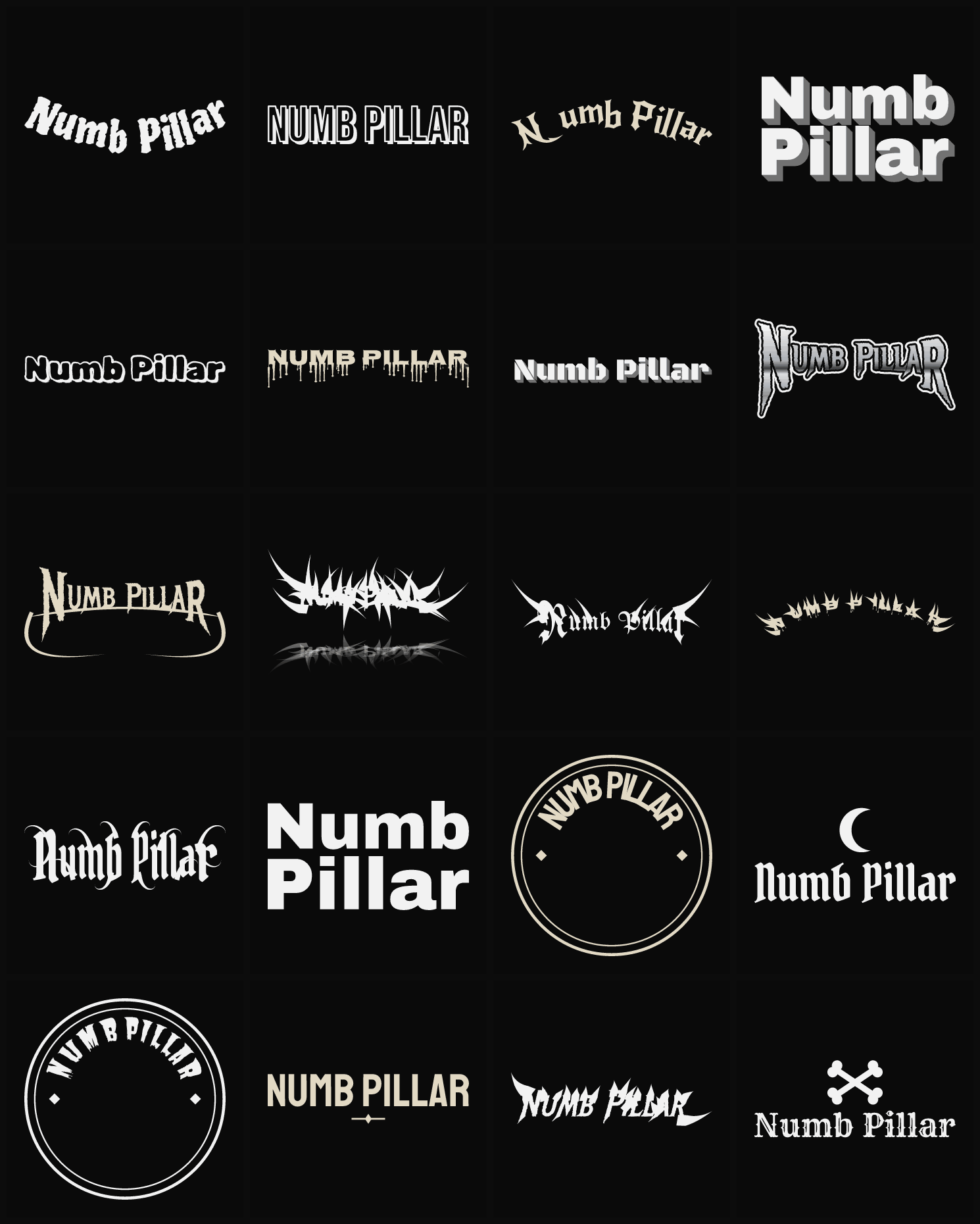 Twenty Numb Pillar band logo ideas — different faces, treatments and spike settings