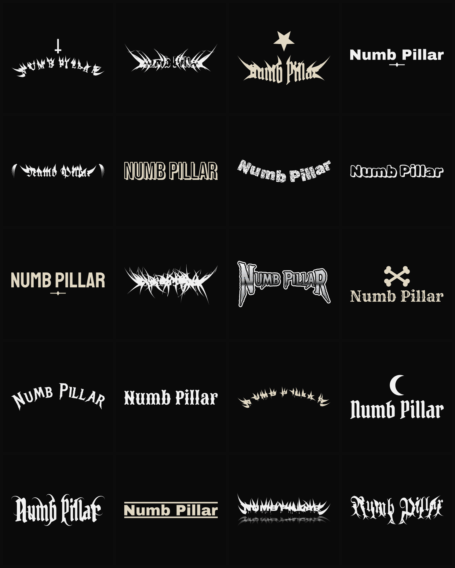Twenty Numb Pillar band logo ideas — different faces, treatments and spike settings