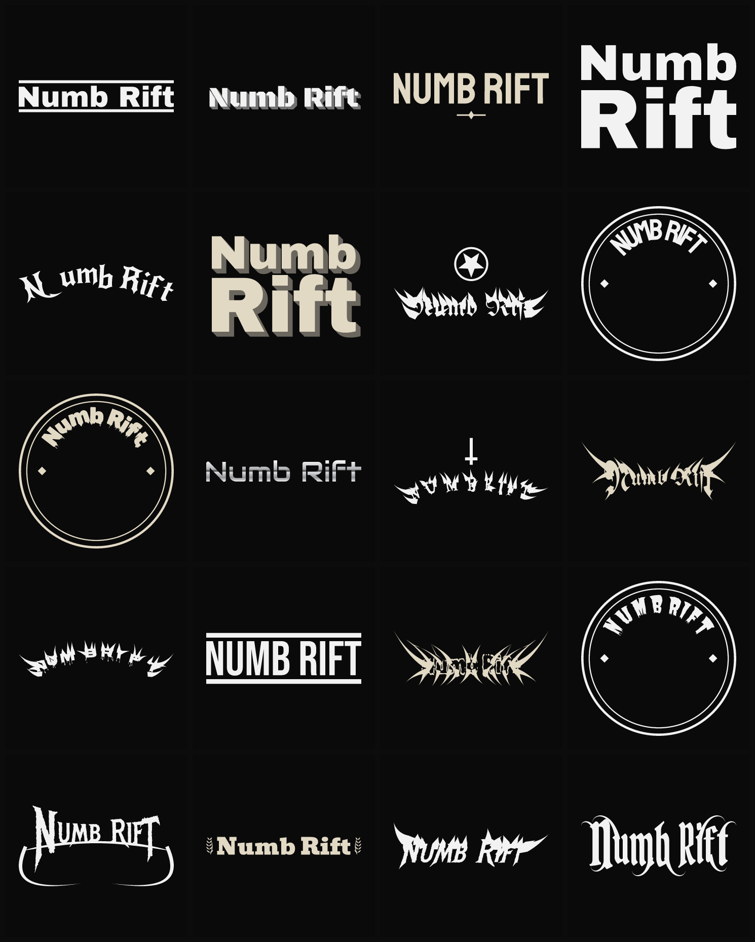 Twenty Numb Rift band logo ideas — different faces, treatments and spike settings