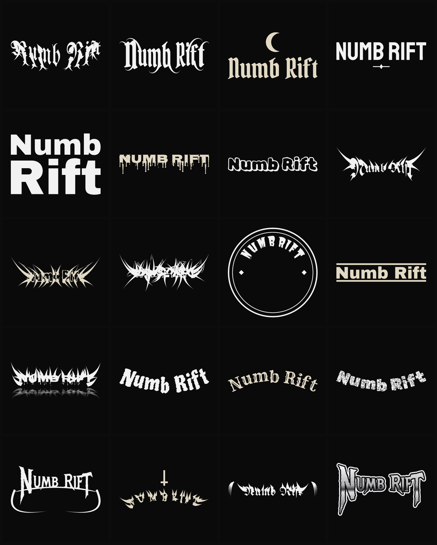 Twenty Numb Rift band logo ideas — different faces, treatments and spike settings
