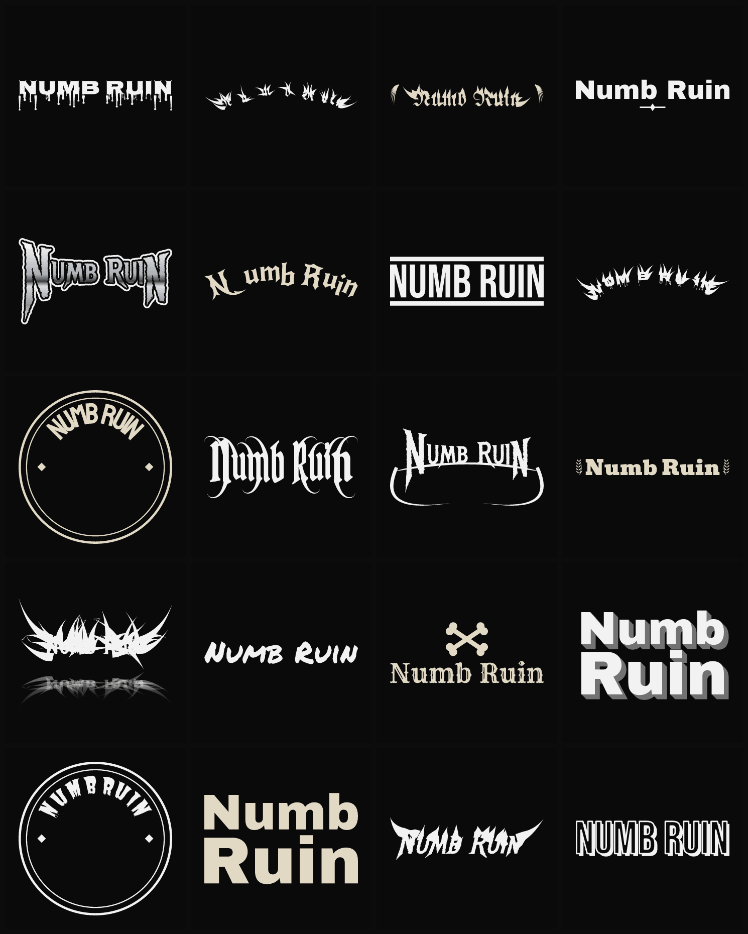 Twenty Numb Ruin band logo ideas — different faces, treatments and spike settings