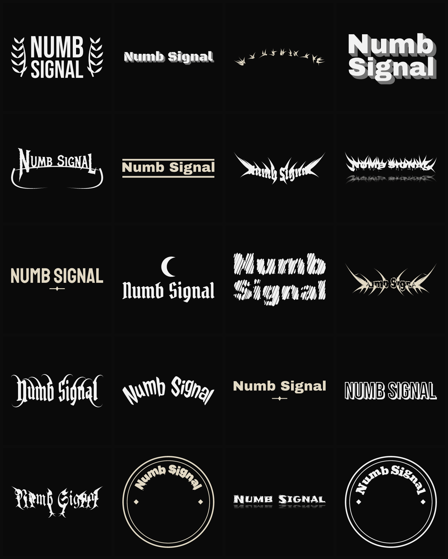 Twenty Numb Signal band logo ideas — different faces, treatments and spike settings