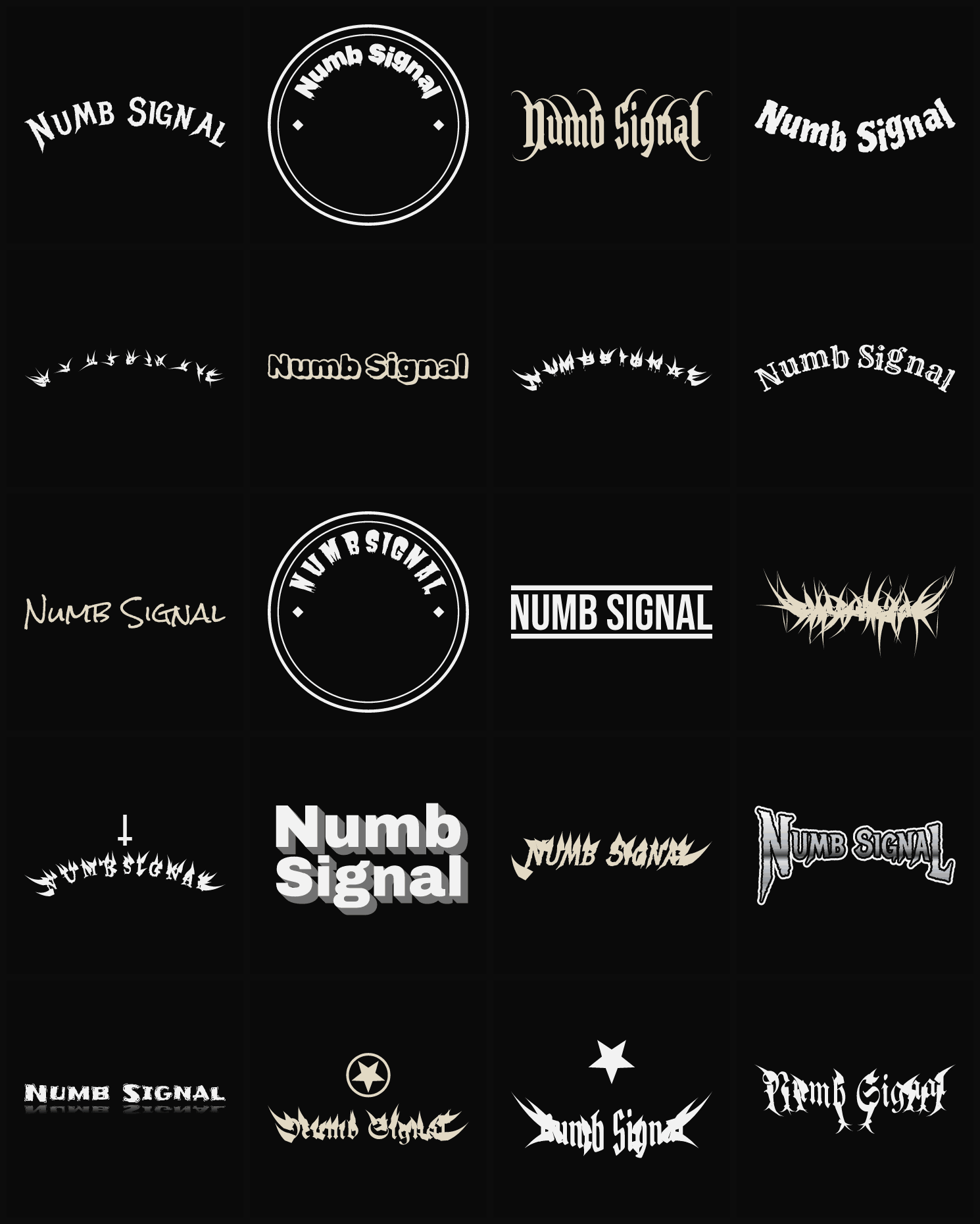Twenty Numb Signal band logo ideas — different faces, treatments and spike settings