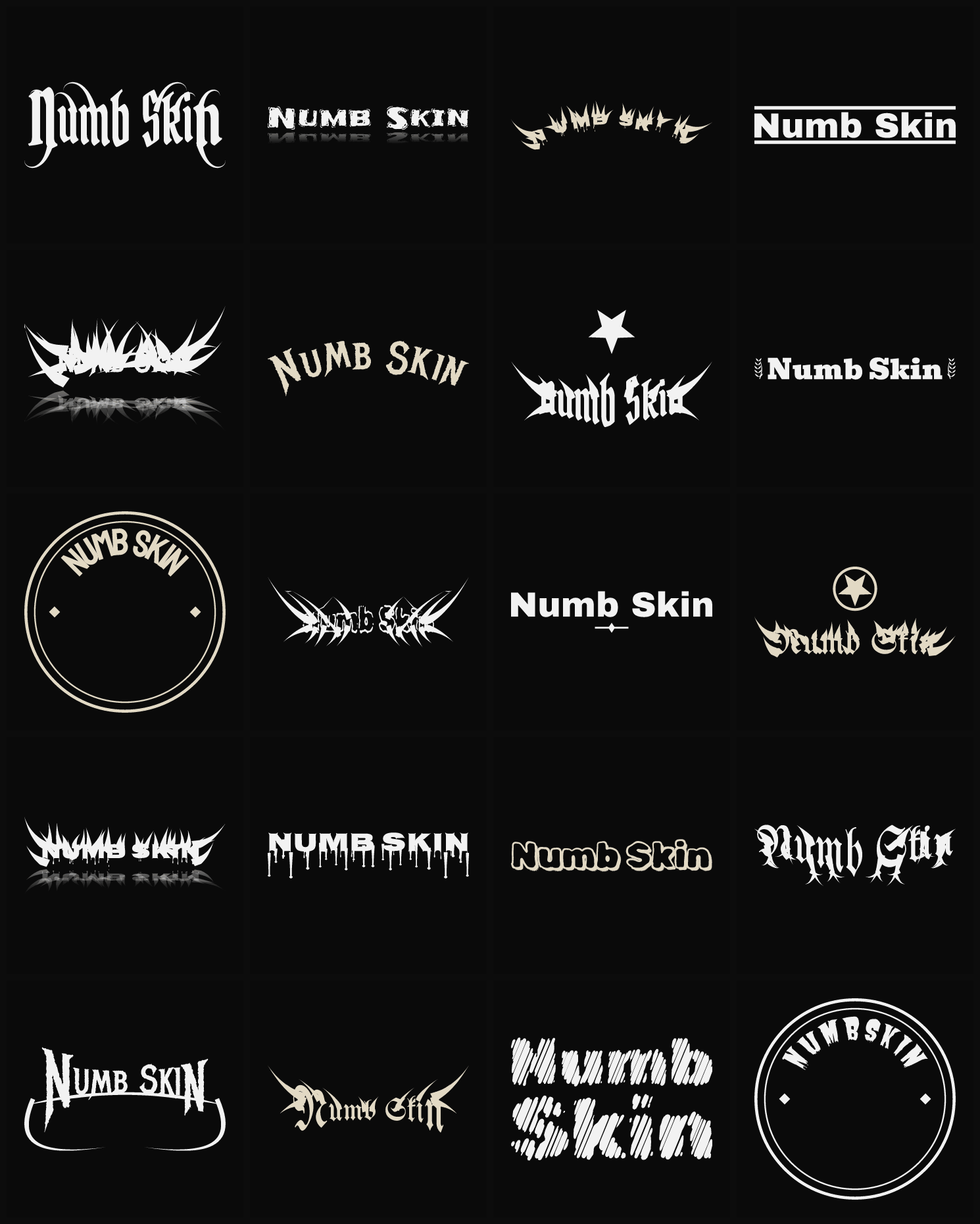 Twenty Numb Skin band logo ideas — different faces, treatments and spike settings