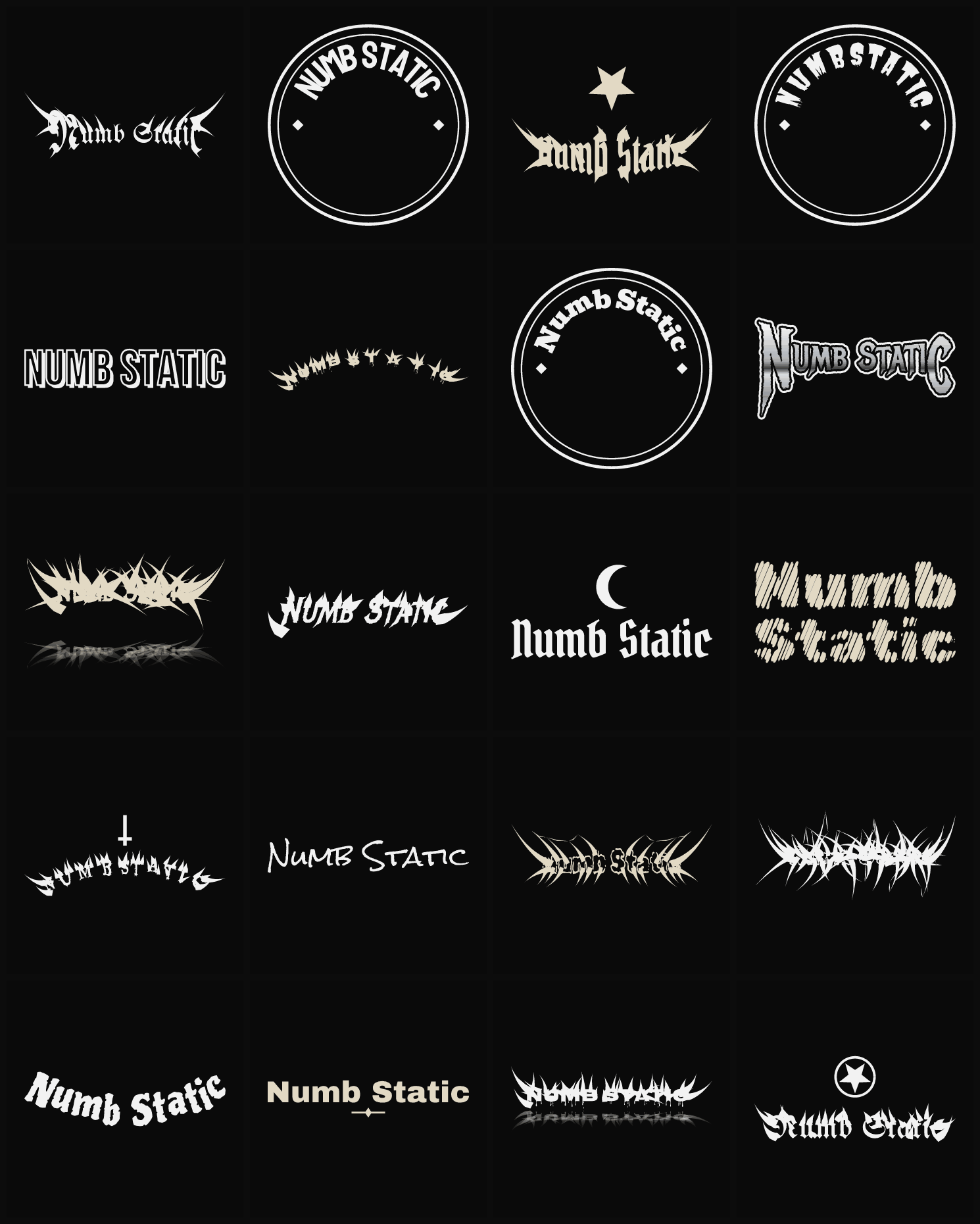 Twenty Numb Static band logo ideas — different faces, treatments and spike settings
