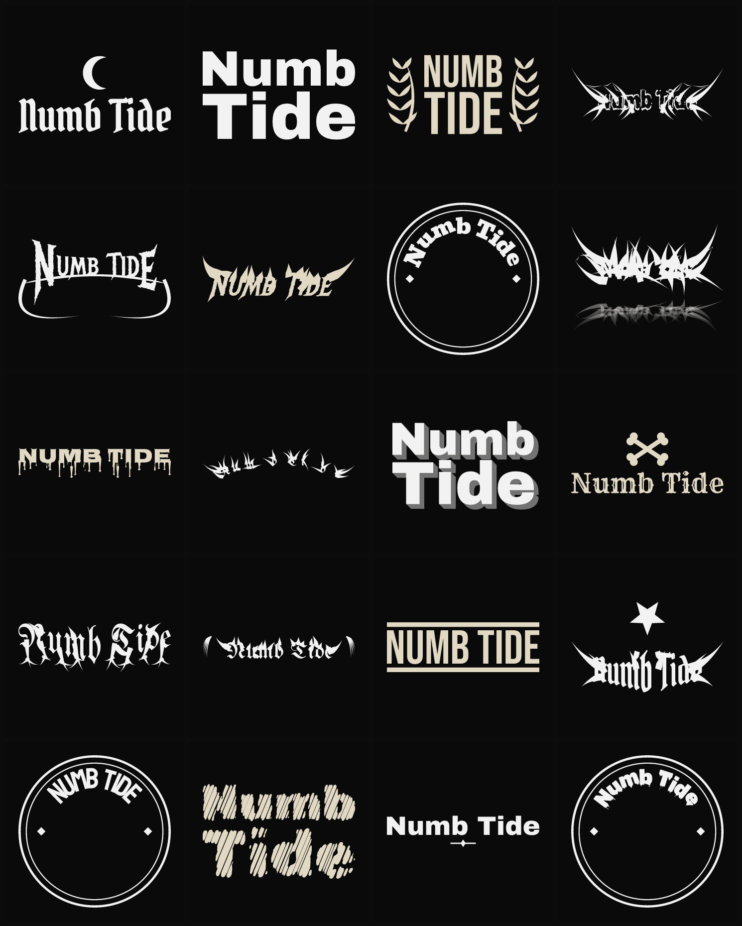 Twenty Numb Tide band logo ideas — different faces, treatments and spike settings