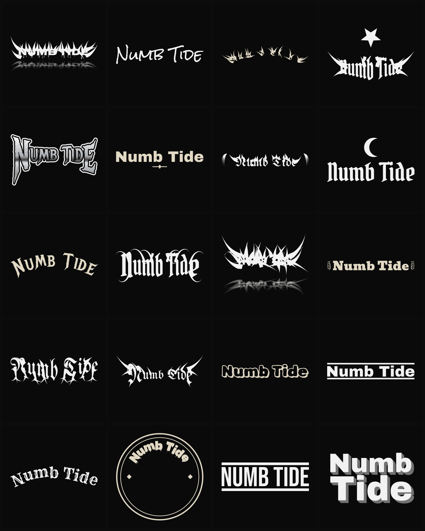 Twenty Numb Tide band logo ideas — different faces, treatments and spike settings
