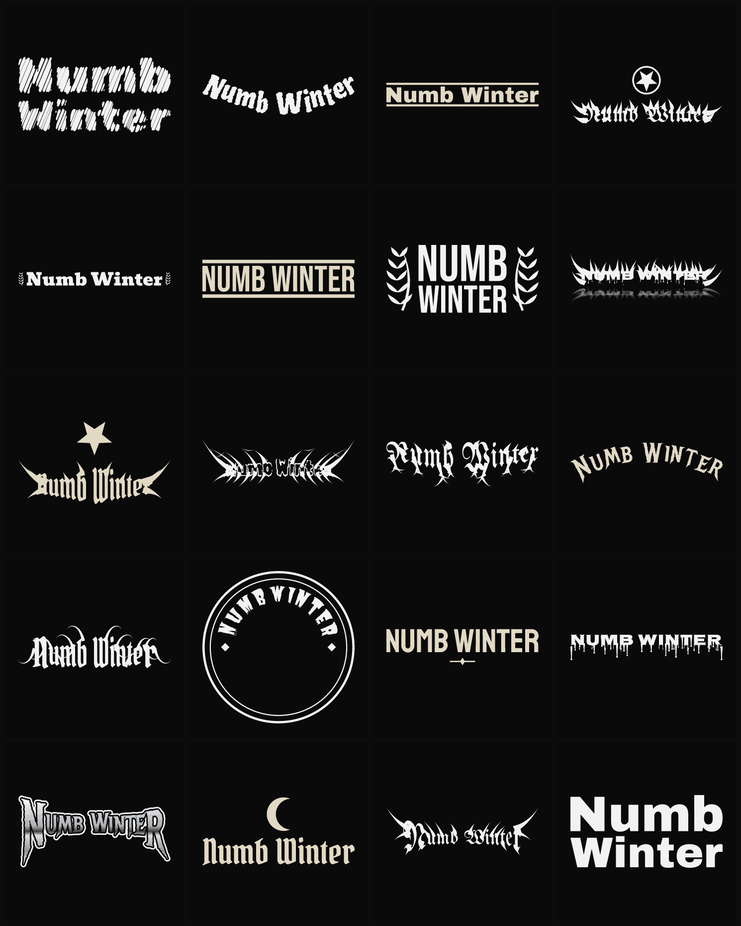 Twenty Numb Winter band logo ideas — different faces, treatments and spike settings