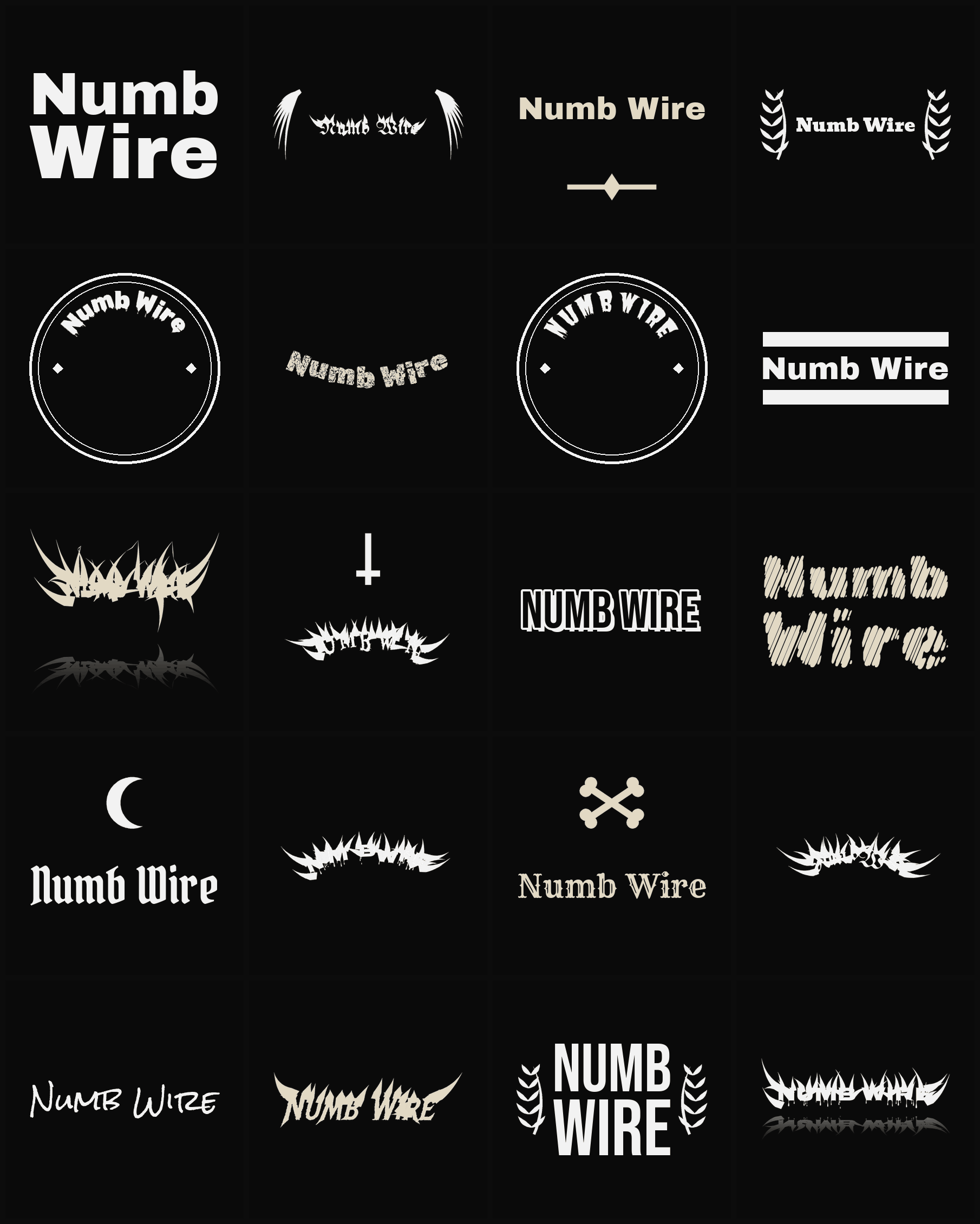Twenty Numb Wire band logo ideas — different faces, treatments and spike settings