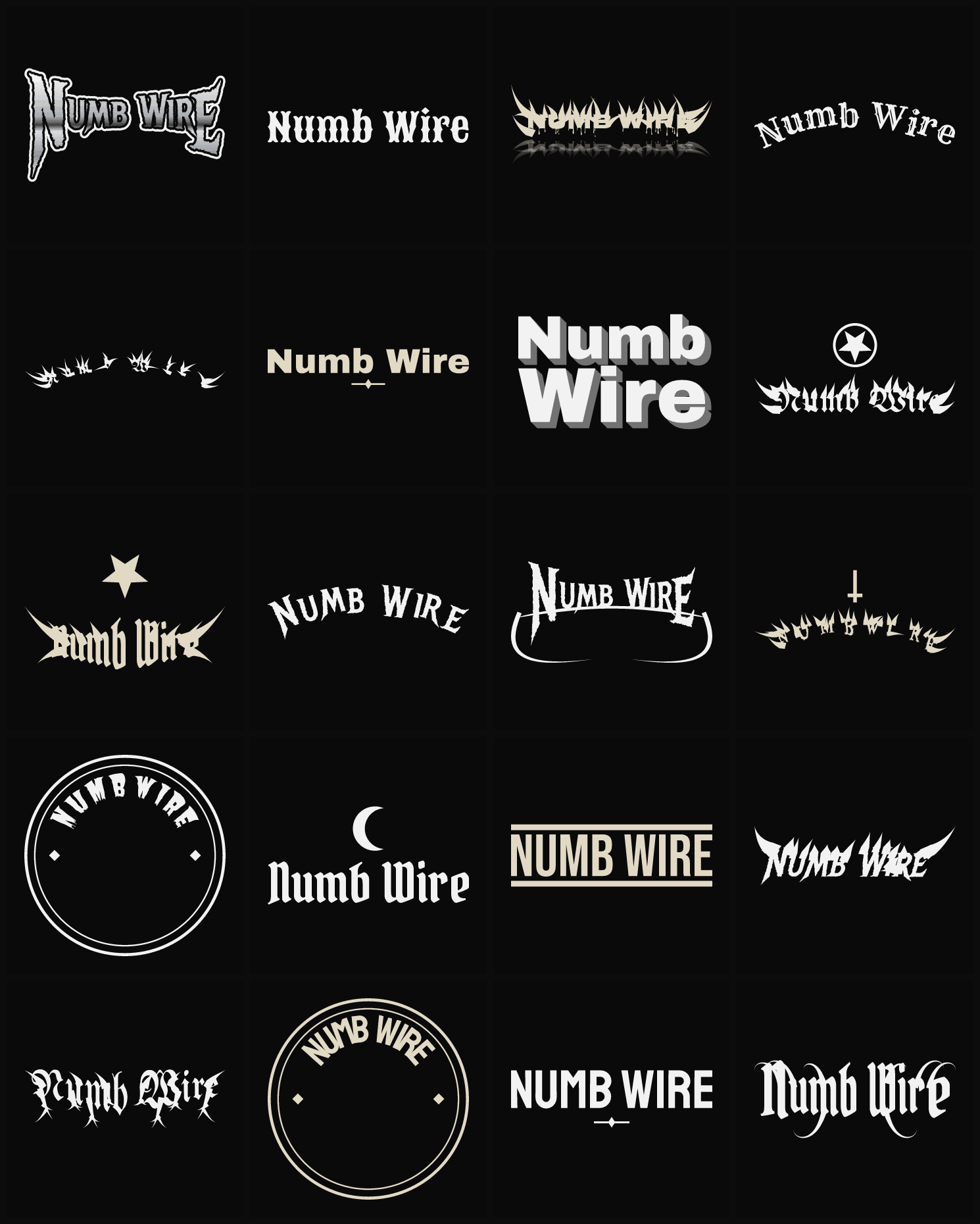 Twenty Numb Wire band logo ideas — different faces, treatments and spike settings