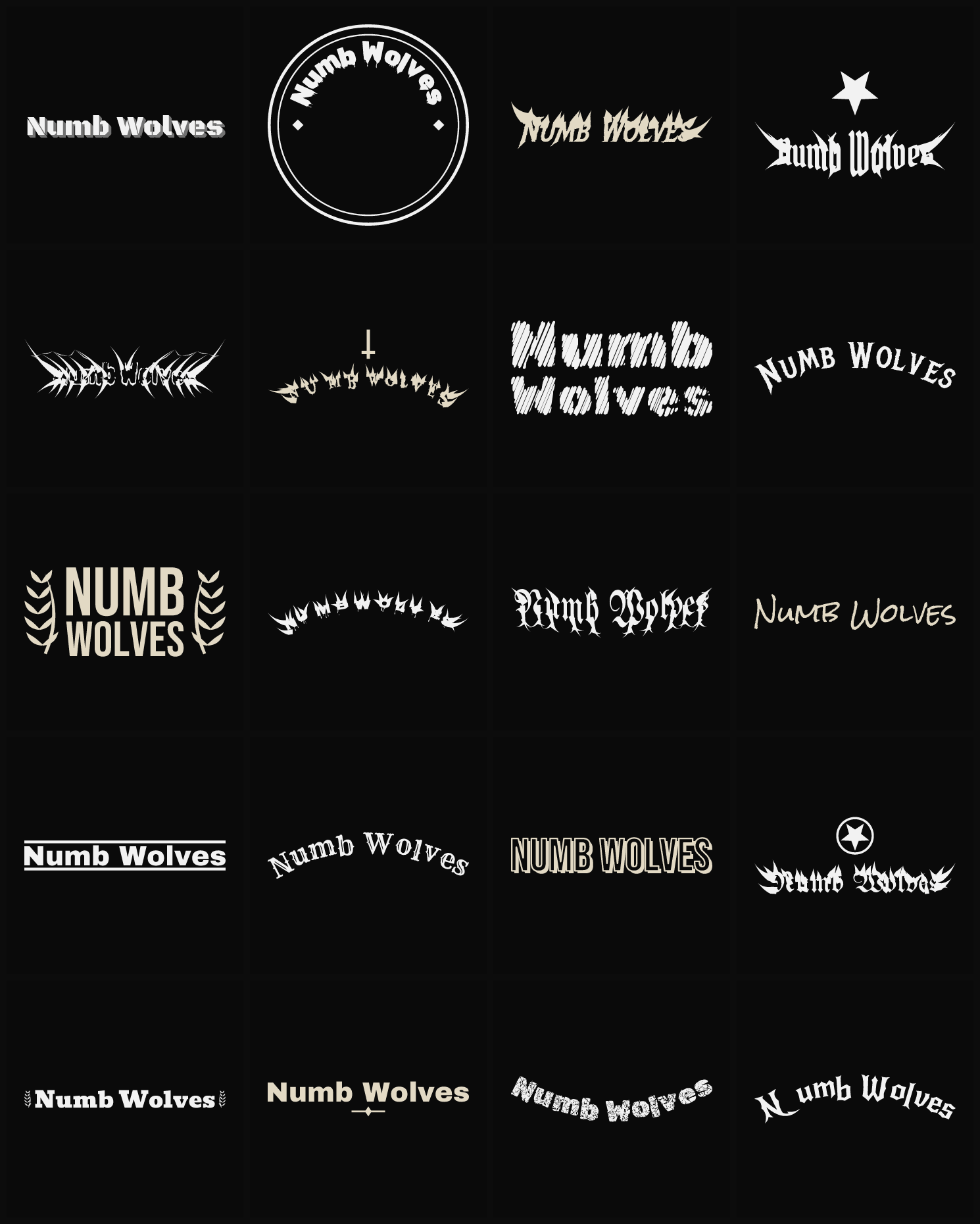 Twenty Numb Wolves band logo ideas — different faces, treatments and spike settings