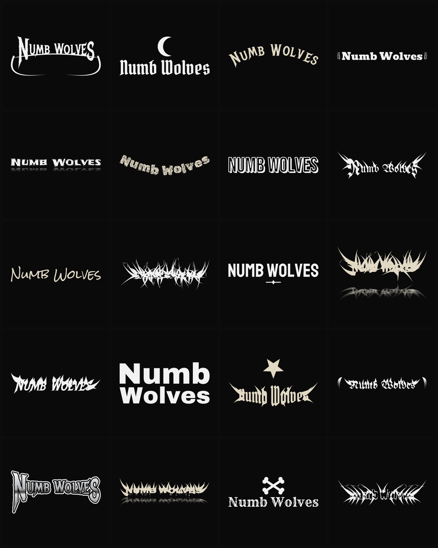 Twenty Numb Wolves band logo ideas — different faces, treatments and spike settings