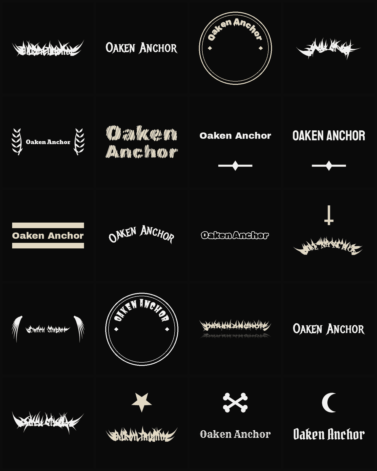 Twenty Oaken Anchor band logo ideas — different faces, treatments and spike settings