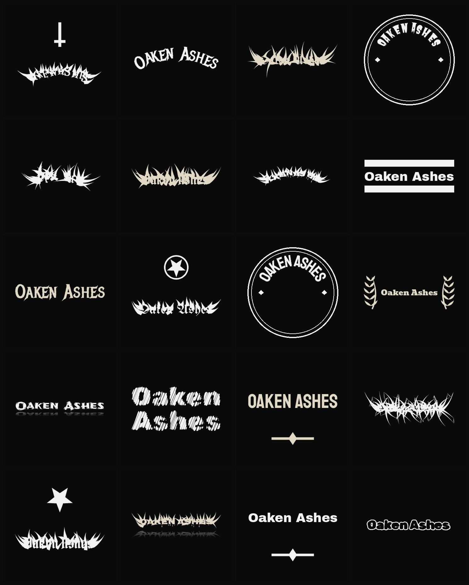 Twenty Oaken Ashes band logo ideas — different faces, treatments and spike settings