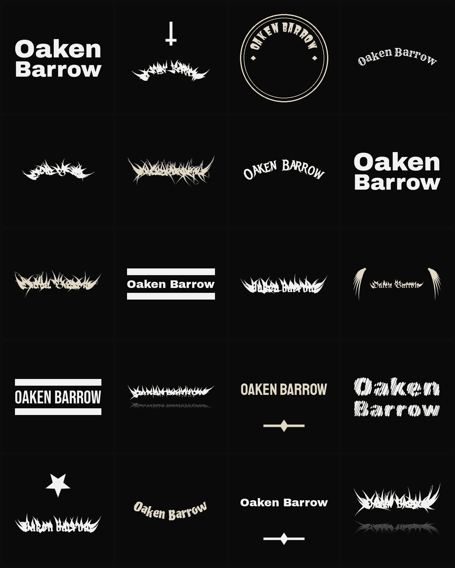 Twenty Oaken Barrow band logo ideas — different faces, treatments and spike settings