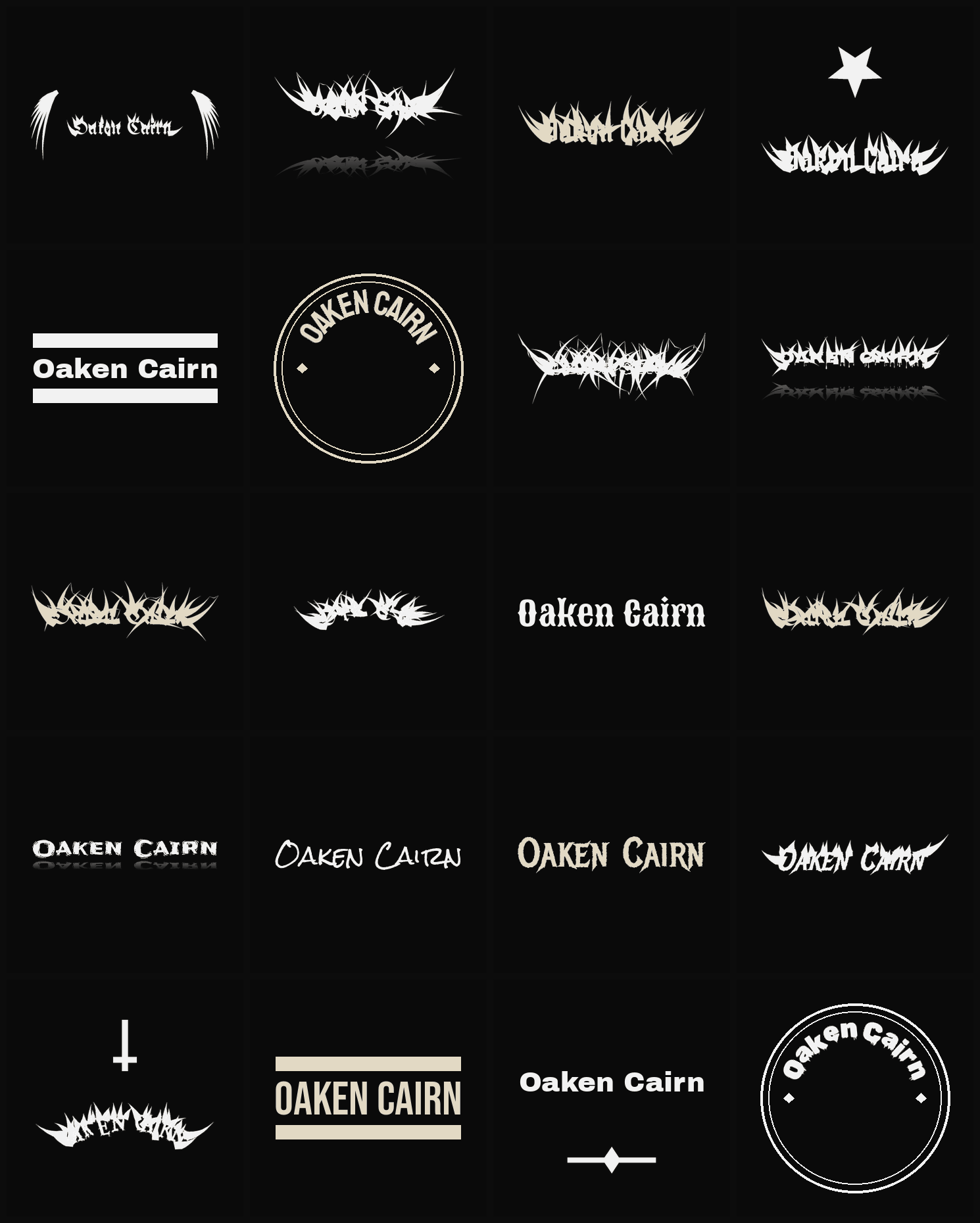 Twenty Oaken Cairn band logo ideas — different faces, treatments and spike settings