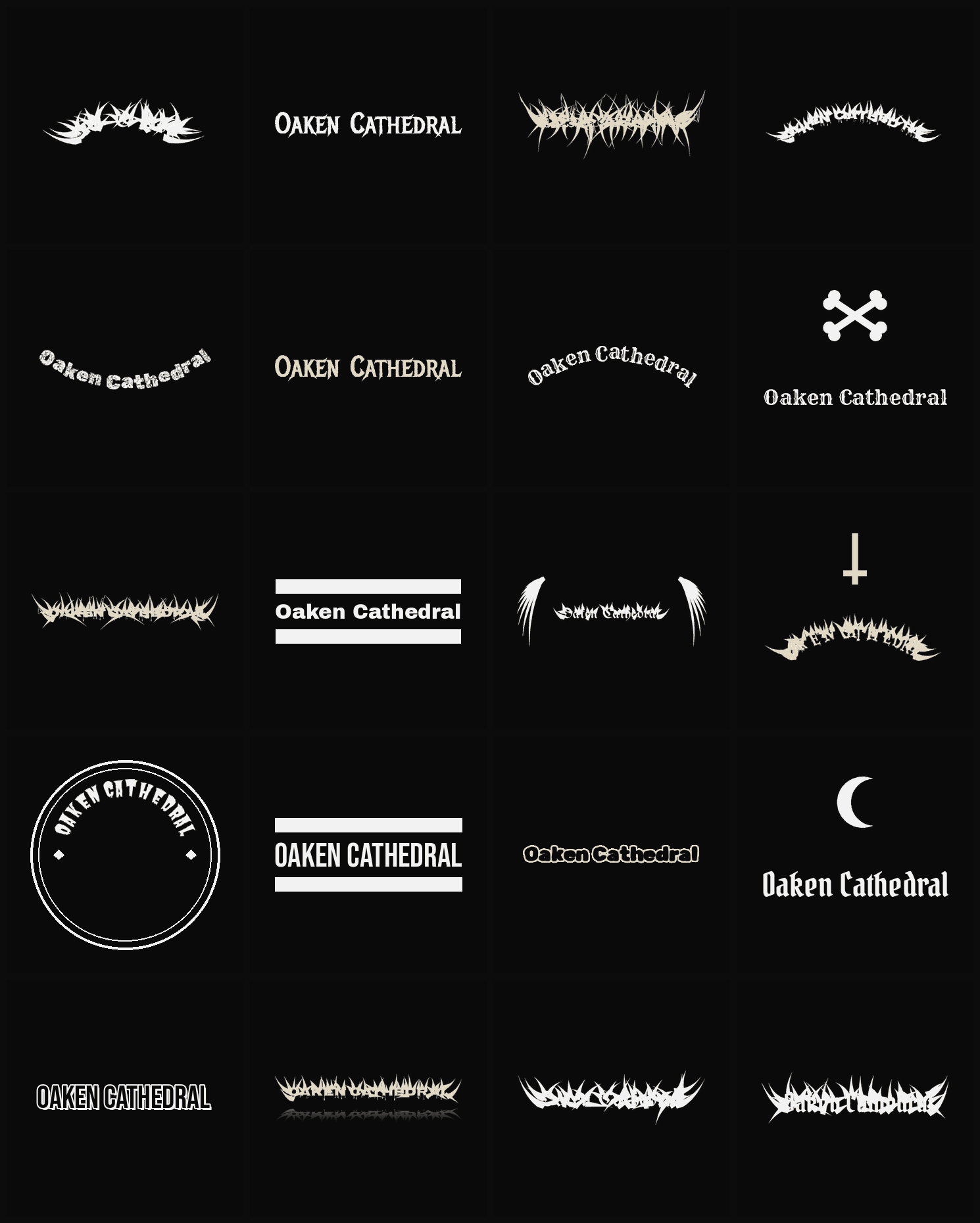 Twenty Oaken Cathedral band logo ideas — different faces, treatments and spike settings