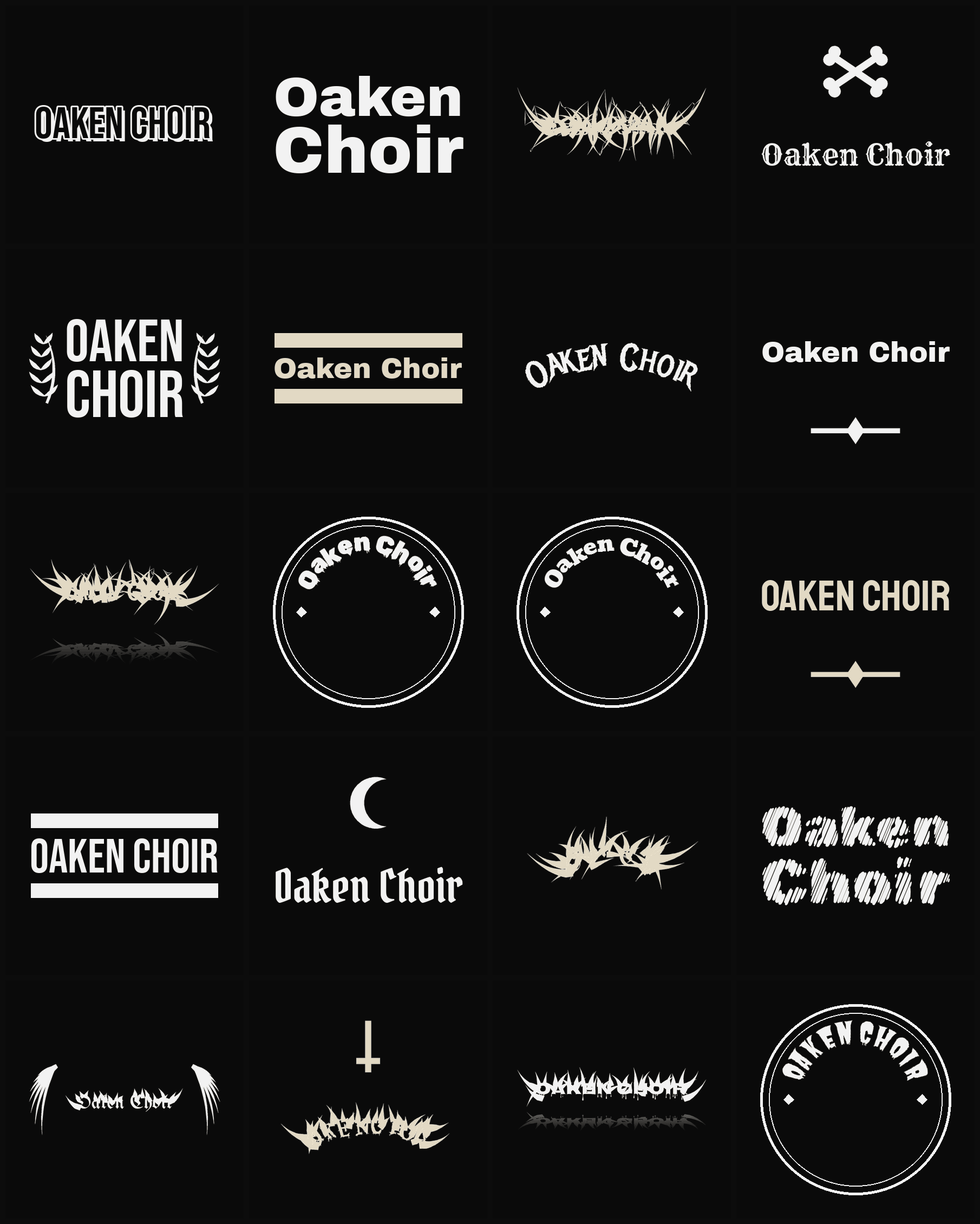 Twenty Oaken Choir band logo ideas — different faces, treatments and spike settings