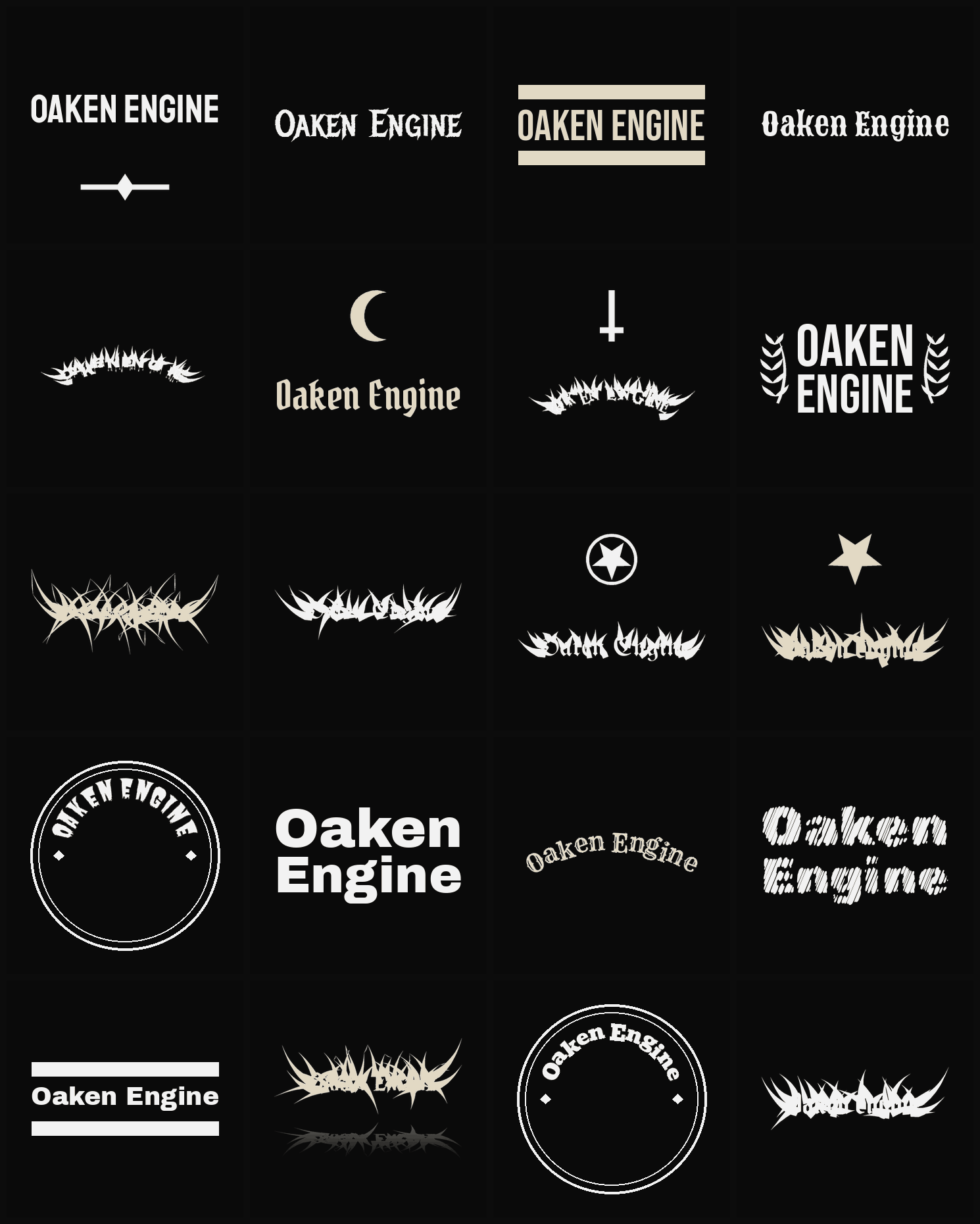 Twenty Oaken Engine band logo ideas — different faces, treatments and spike settings