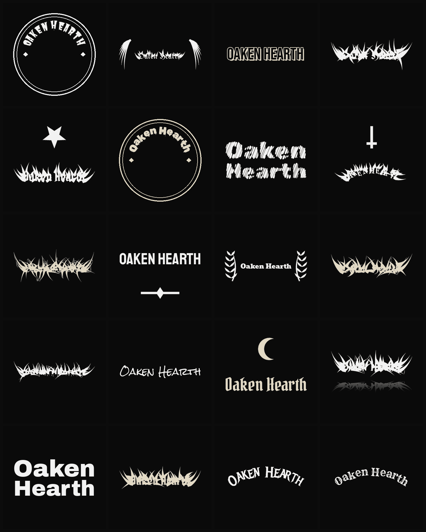 Twenty Oaken Hearth band logo ideas — different faces, treatments and spike settings
