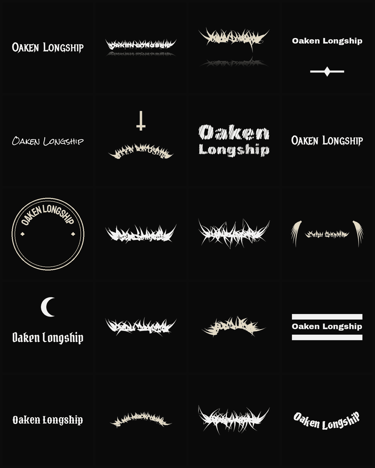 Twenty Oaken Longship band logo ideas — different faces, treatments and spike settings
