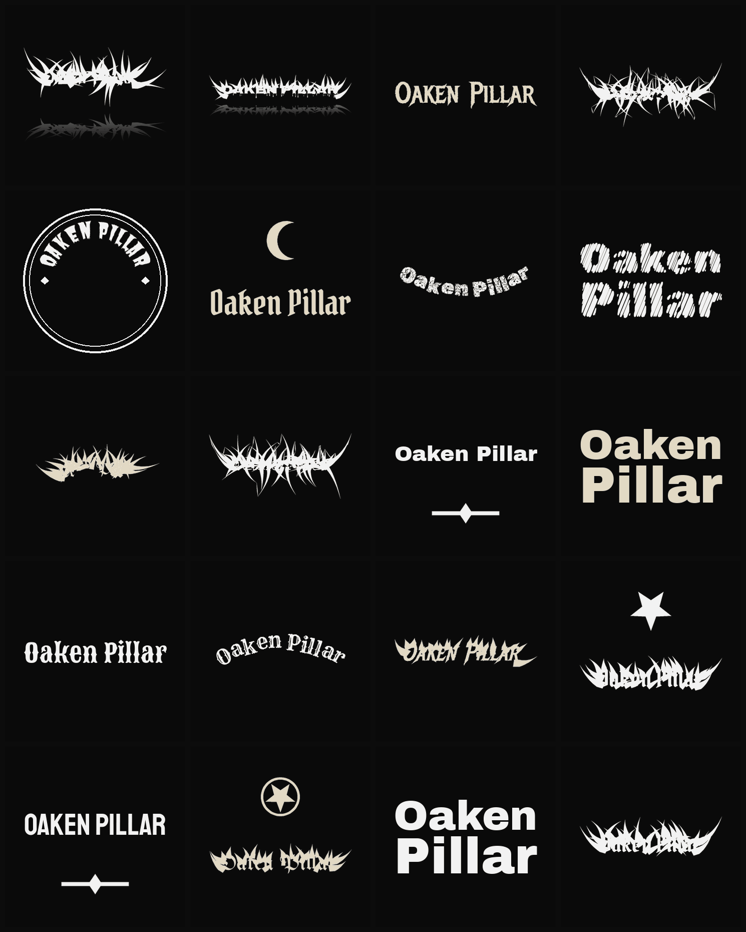 Twenty Oaken Pillar band logo ideas — different faces, treatments and spike settings