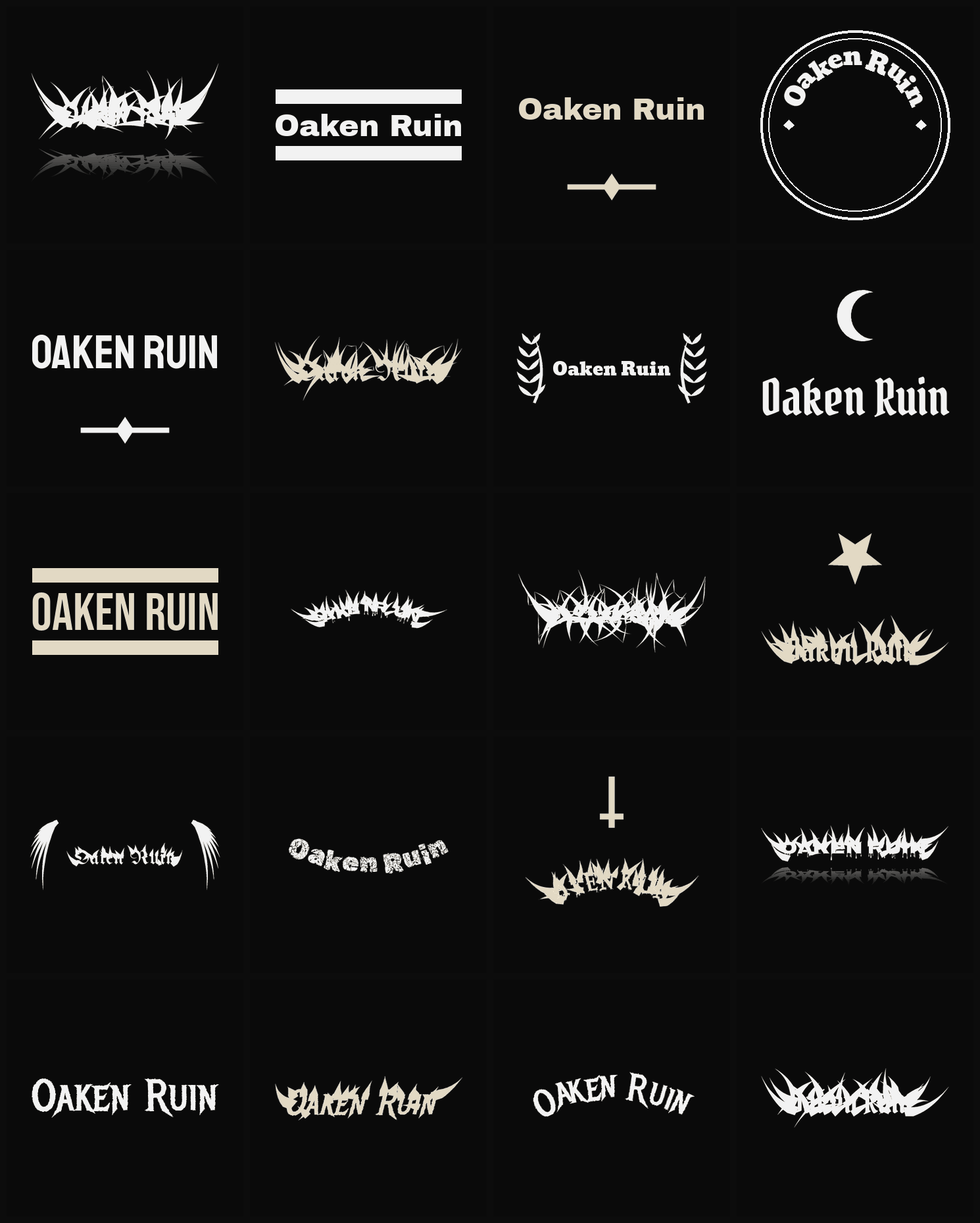 Twenty Oaken Ruin band logo ideas — different faces, treatments and spike settings