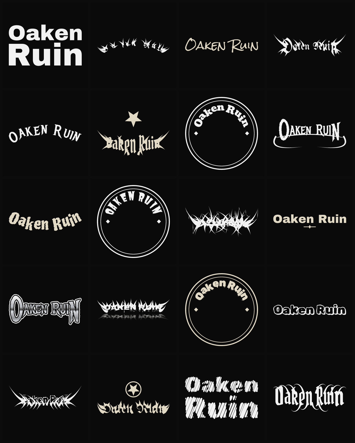 Twenty Oaken Ruin band logo ideas — different faces, treatments and spike settings
