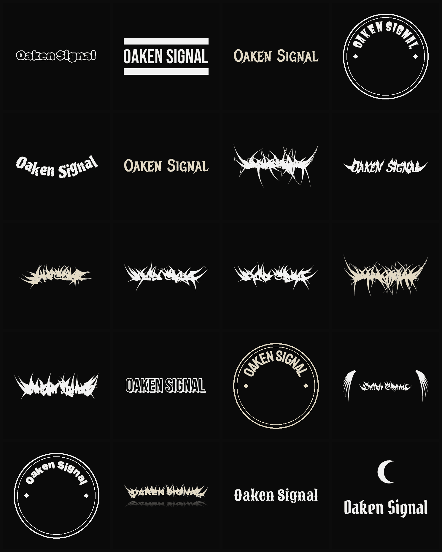 Twenty Oaken Signal band logo ideas — different faces, treatments and spike settings
