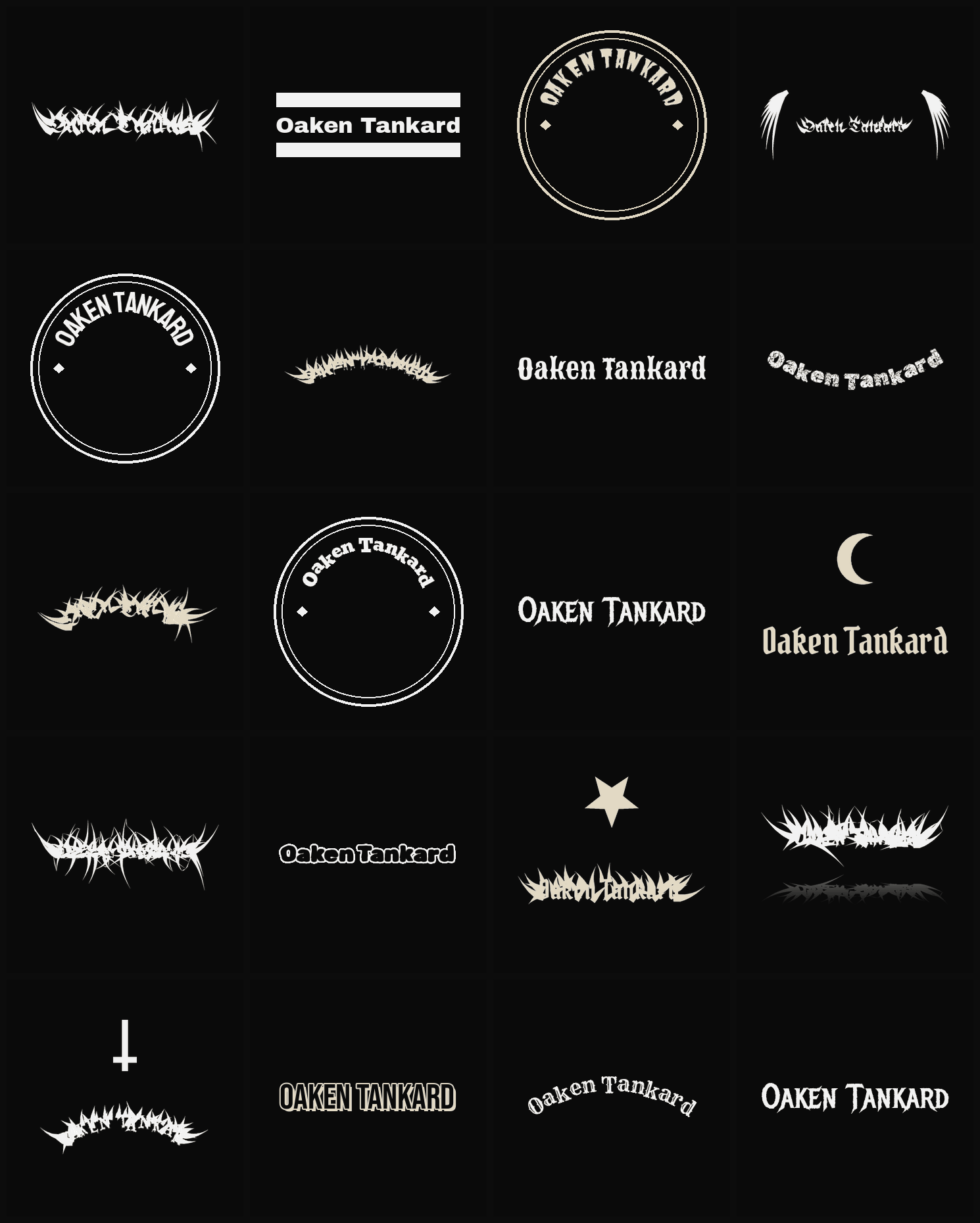 Twenty Oaken Tankard band logo ideas — different faces, treatments and spike settings