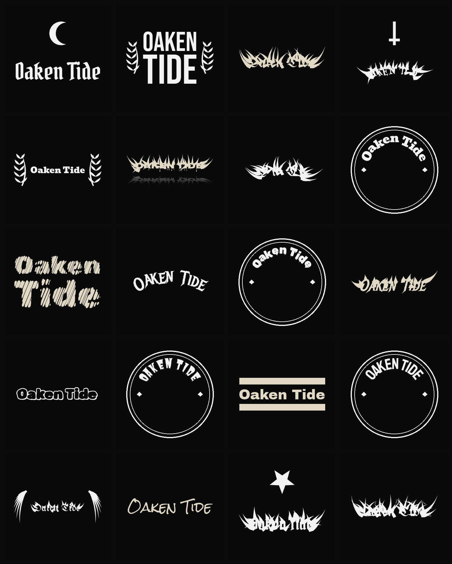 Twenty Oaken Tide band logo ideas — different faces, treatments and spike settings