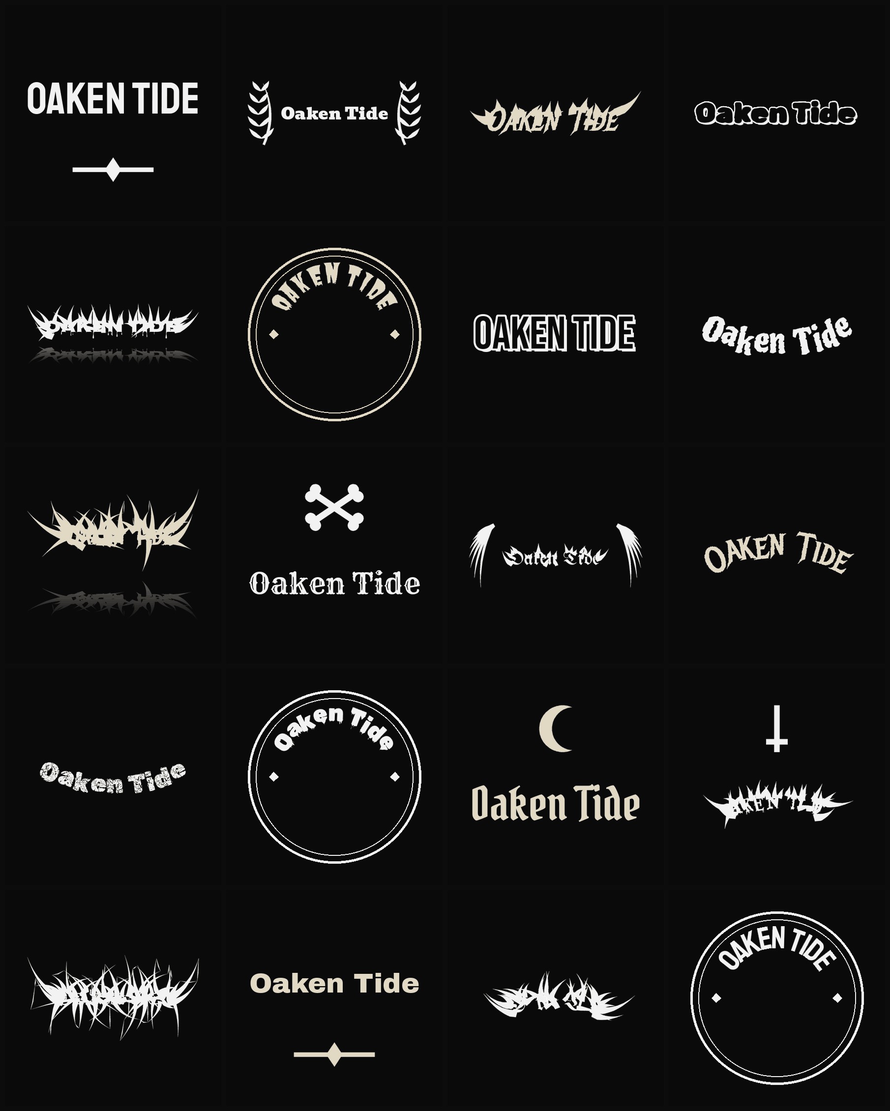 Twenty Oaken Tide band logo ideas — different faces, treatments and spike settings