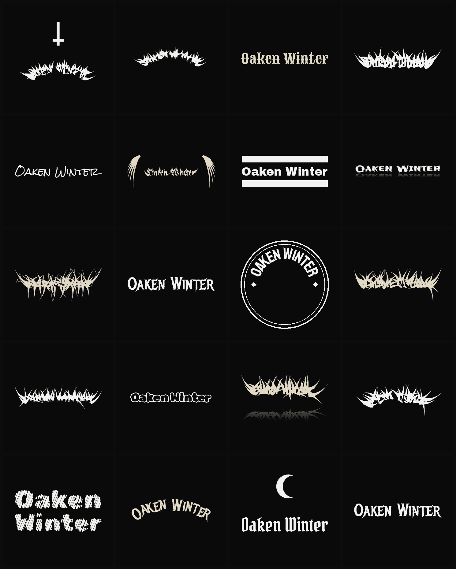 Twenty Oaken Winter band logo ideas — different faces, treatments and spike settings