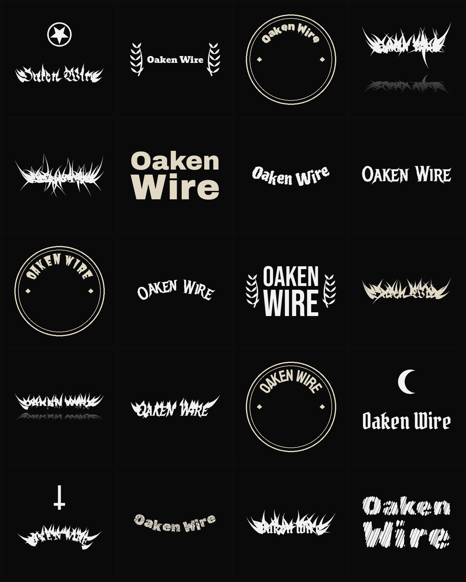 Twenty Oaken Wire band logo ideas — different faces, treatments and spike settings