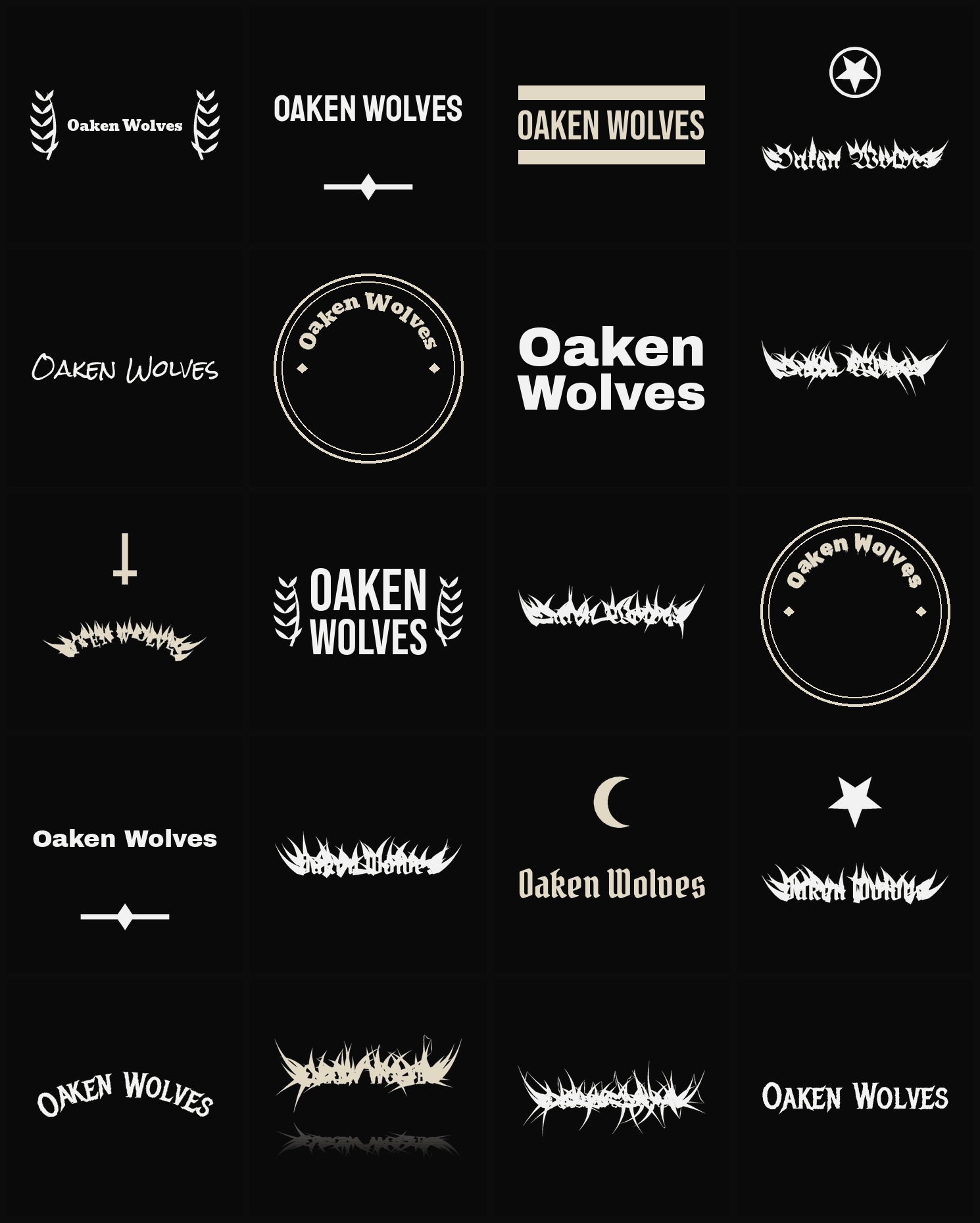 Twenty Oaken Wolves band logo ideas — different faces, treatments and spike settings