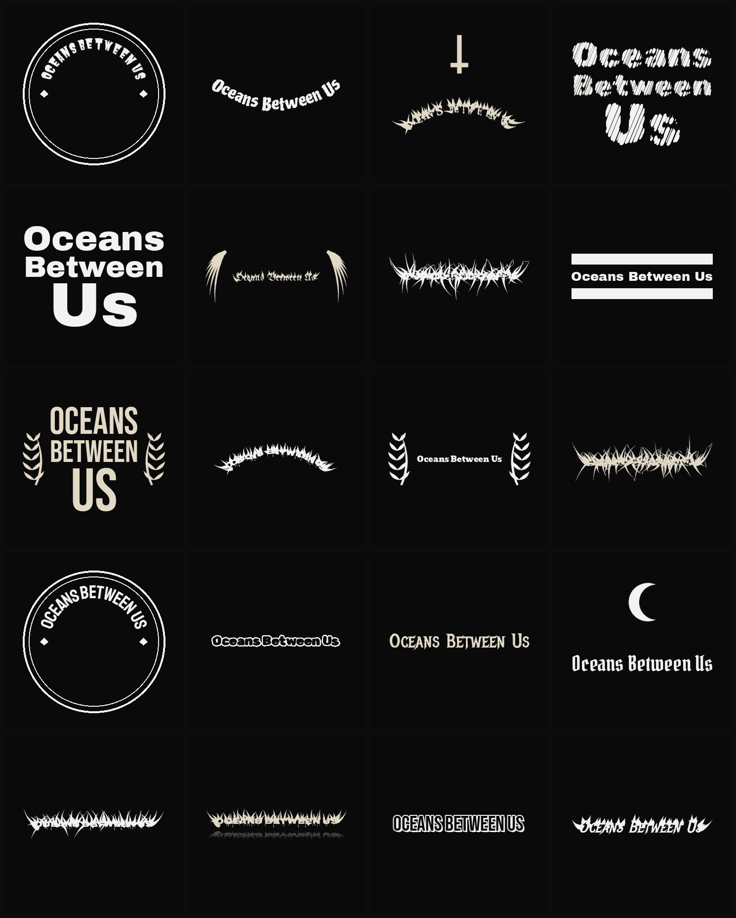 Twenty Oceans Between Us band logo ideas — different faces, treatments and spike settings