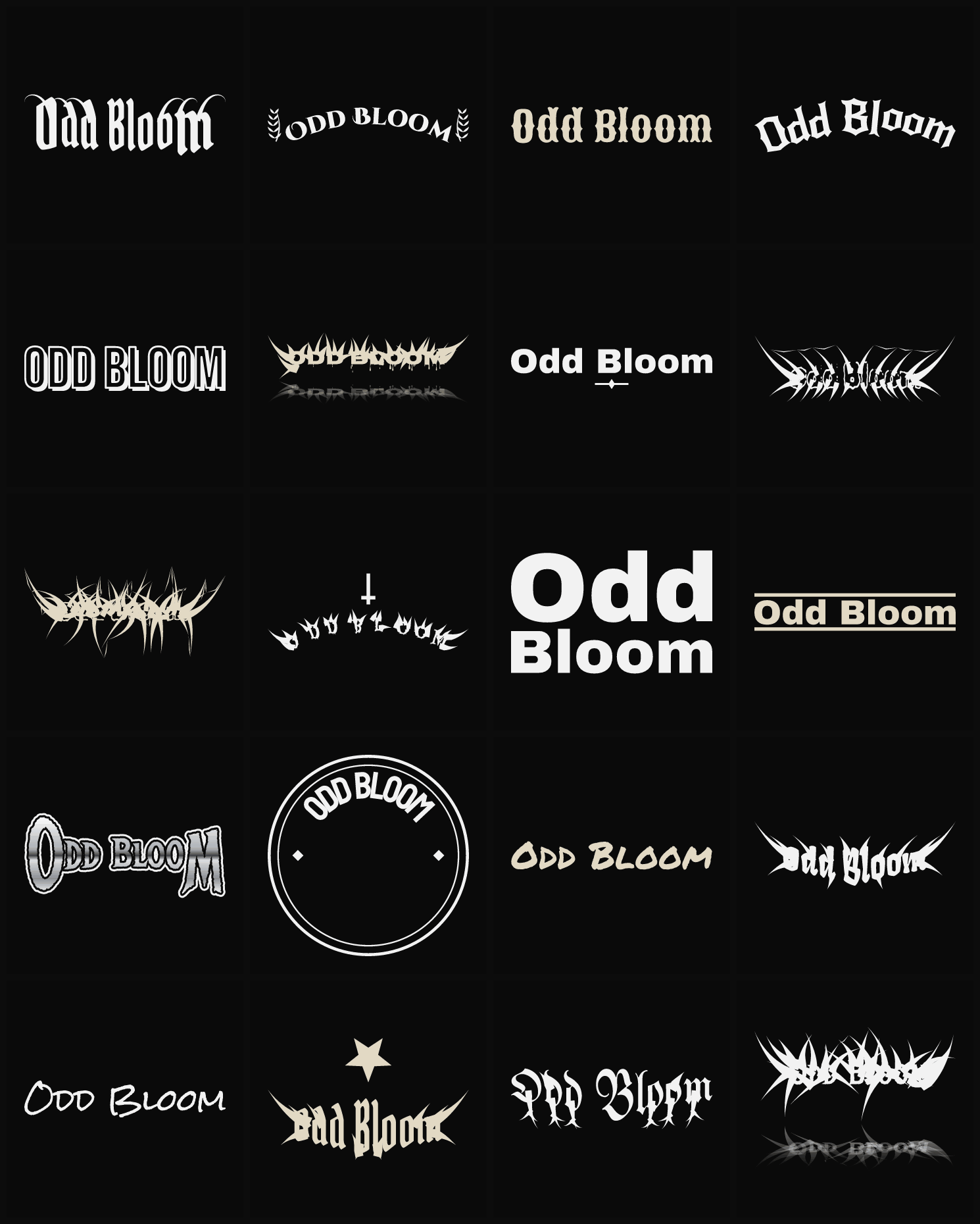 Twenty Odd Bloom band logo ideas — different faces, treatments and spike settings