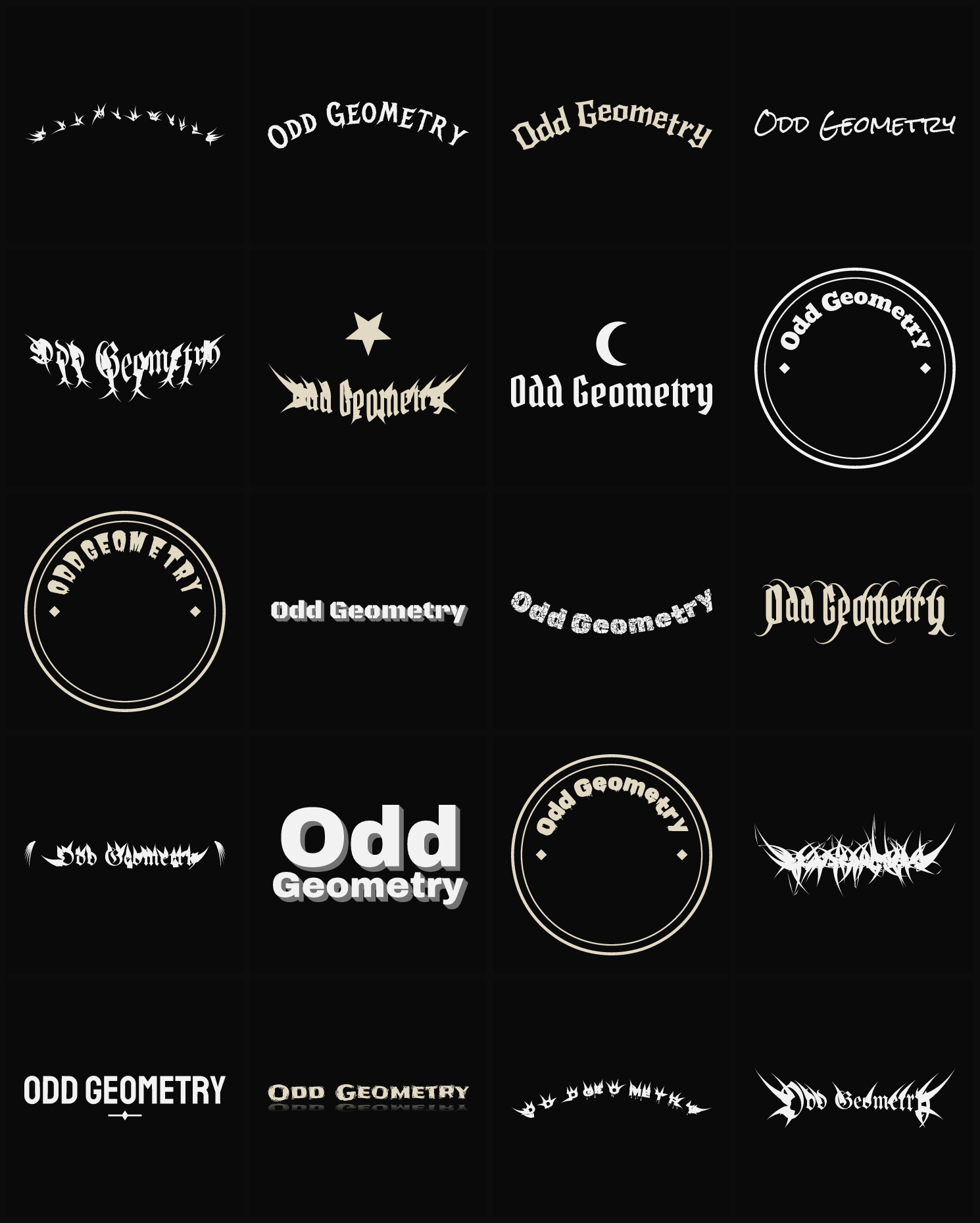 Twenty Odd Geometry band logo ideas — different faces, treatments and spike settings