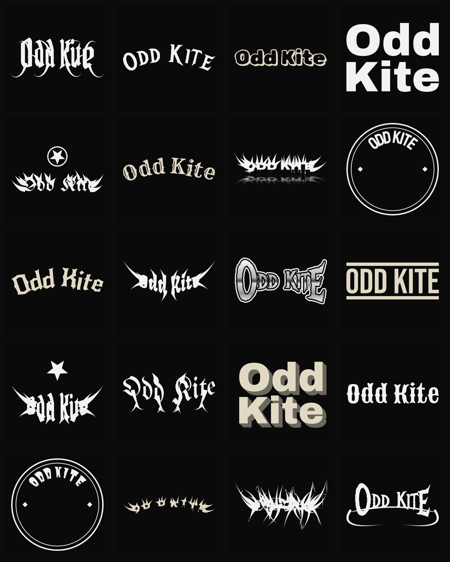 Twenty Odd Kite band logo ideas — different faces, treatments and spike settings
