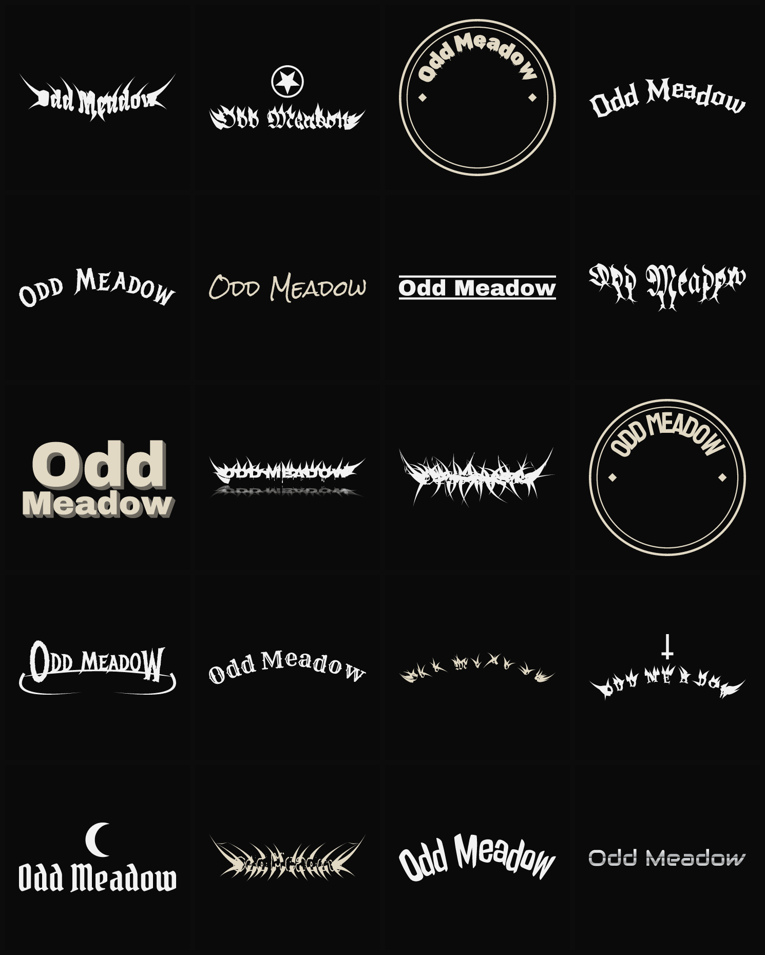 Twenty Odd Meadow band logo ideas — different faces, treatments and spike settings