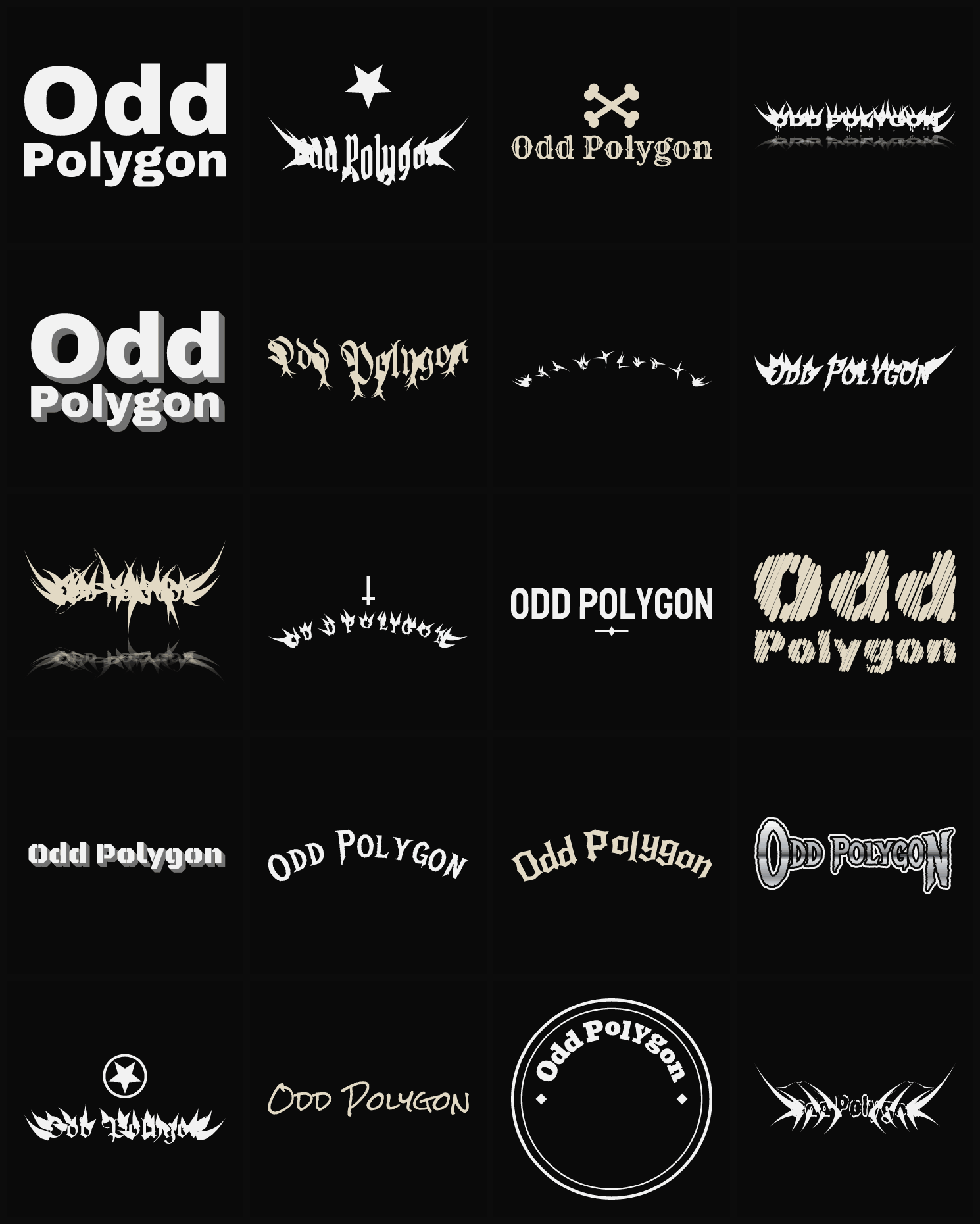 Twenty Odd Polygon band logo ideas — different faces, treatments and spike settings